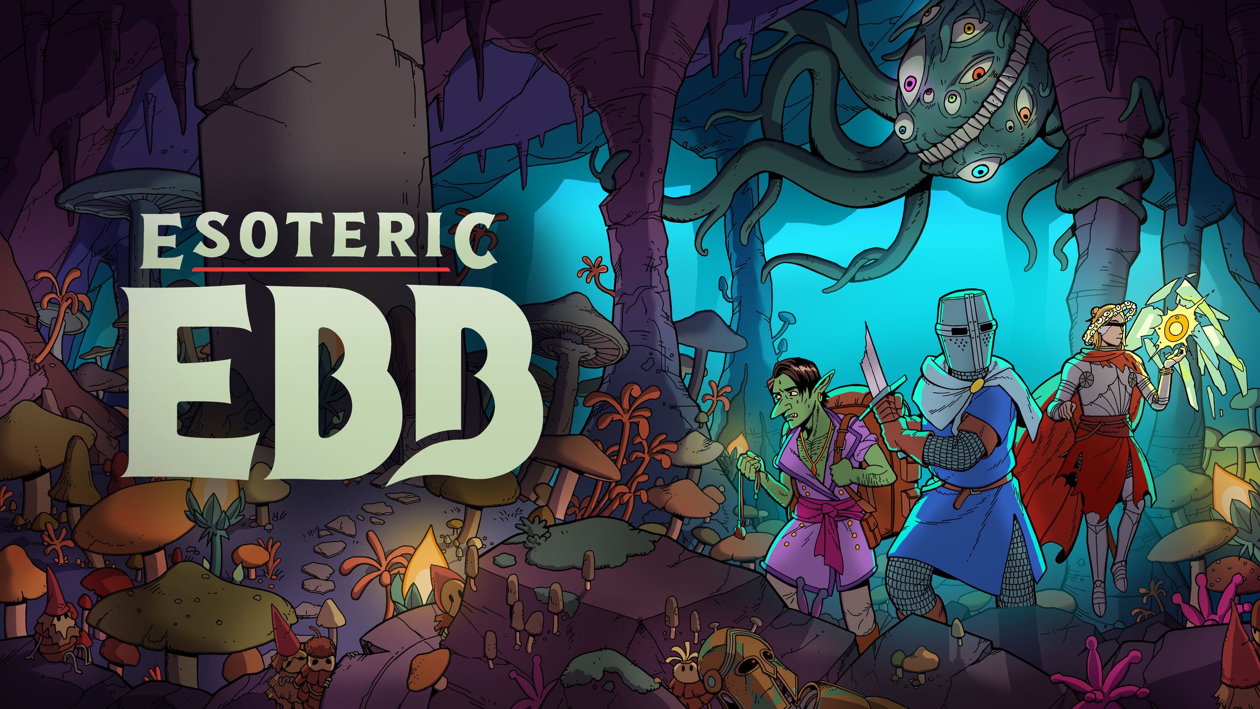 Esoteric Ebb key art showing the title and some key characters, including the Cleric (player character in chain mail with a broken sword)