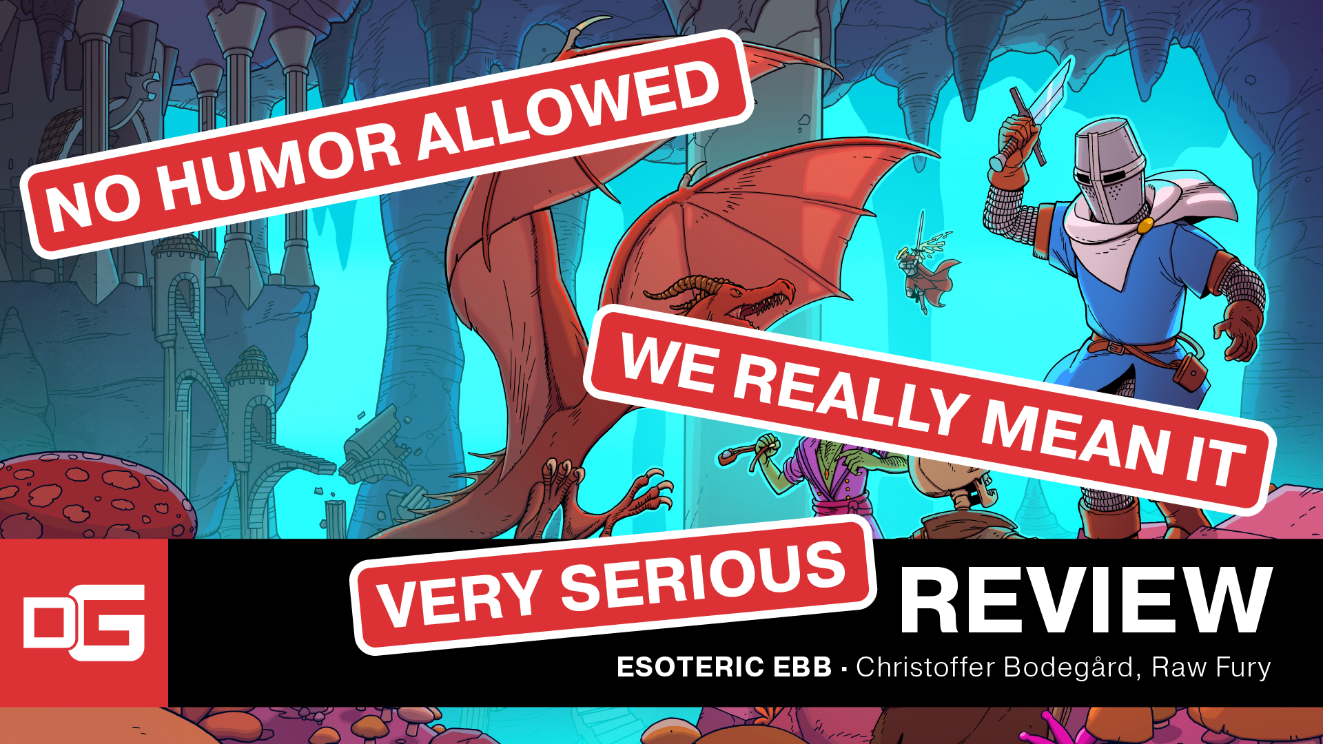 Esoteric Ebb key art in the background showing the player character, the Cleric in full chain mail and helm. At the bottom is a DearGamers Review banner. Red warning letters read "no humor allowed," "we really mean it," "very serious"