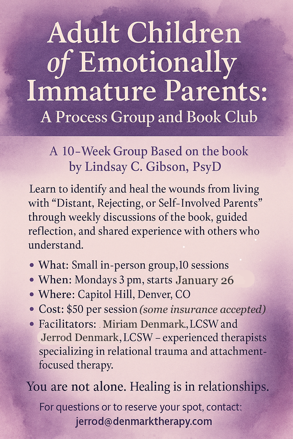 Flyer with text only stating: Adult Children of Emotionally Immature Parents: A process Group and Book Club with details on when where and cost.