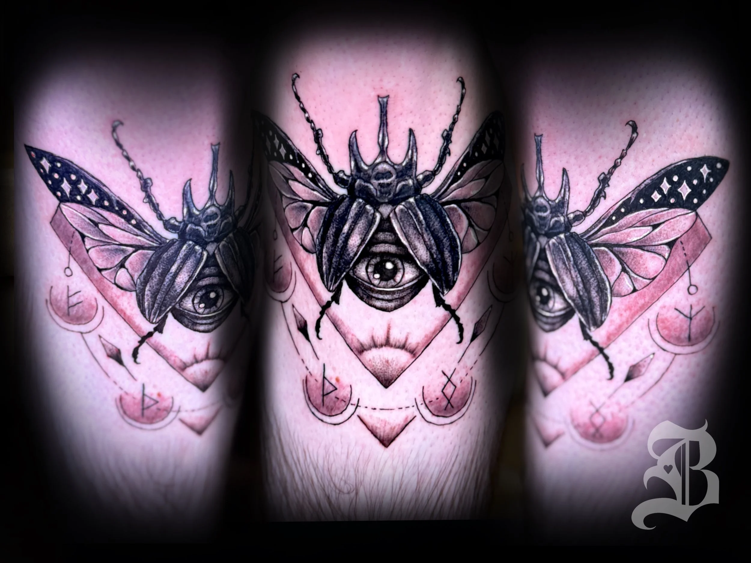 beetle beatle tattoo with geometric and nordic runes black and gray knee tattoo