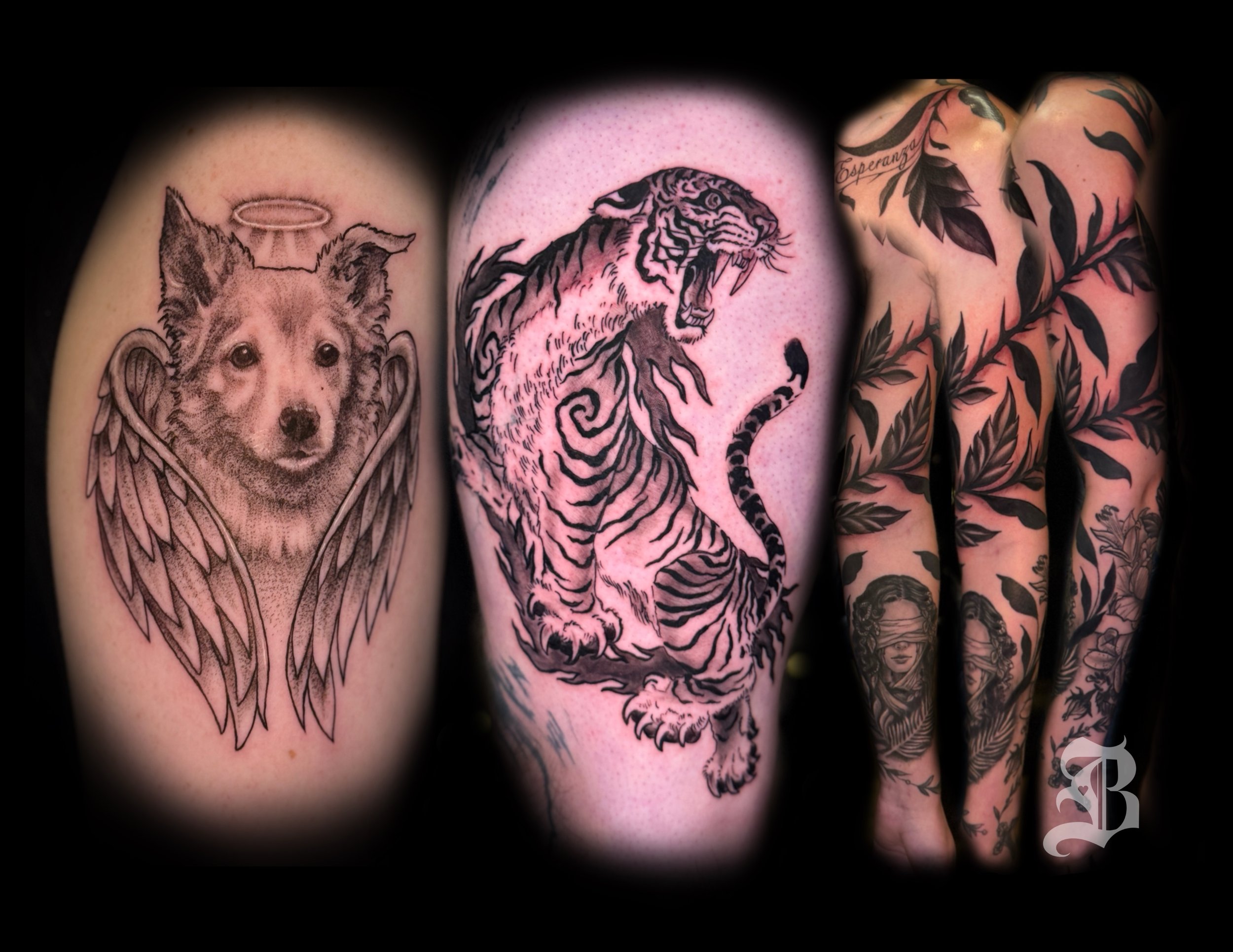 binx_inks Binx tattoos black and gray tattoos, tiger tattoo, sleeve tattoo, pet memorial tattoo.