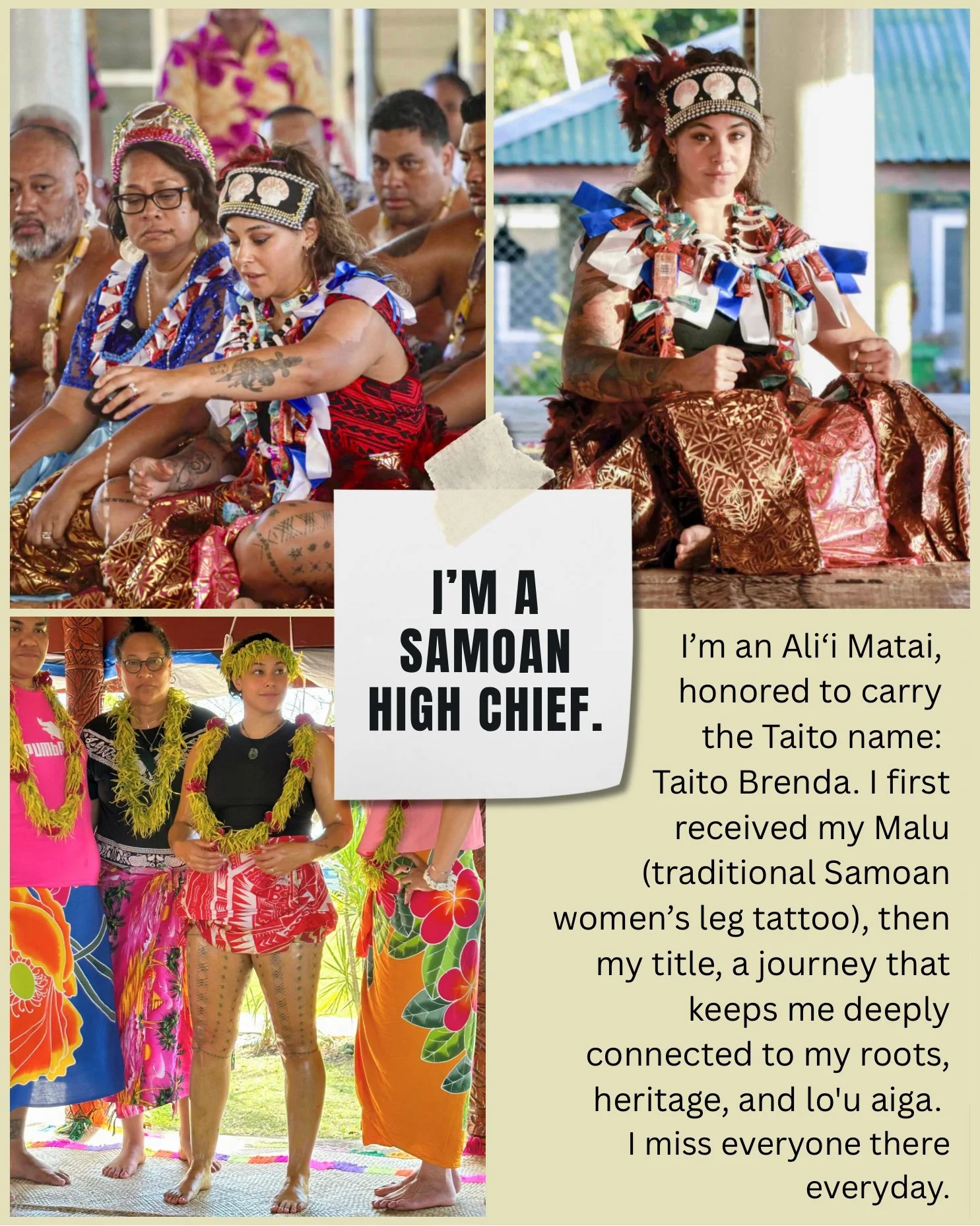 Group of Samoan women participating in a traditional ceremony wearing colorful traditional clothing, leis, and headpieces.