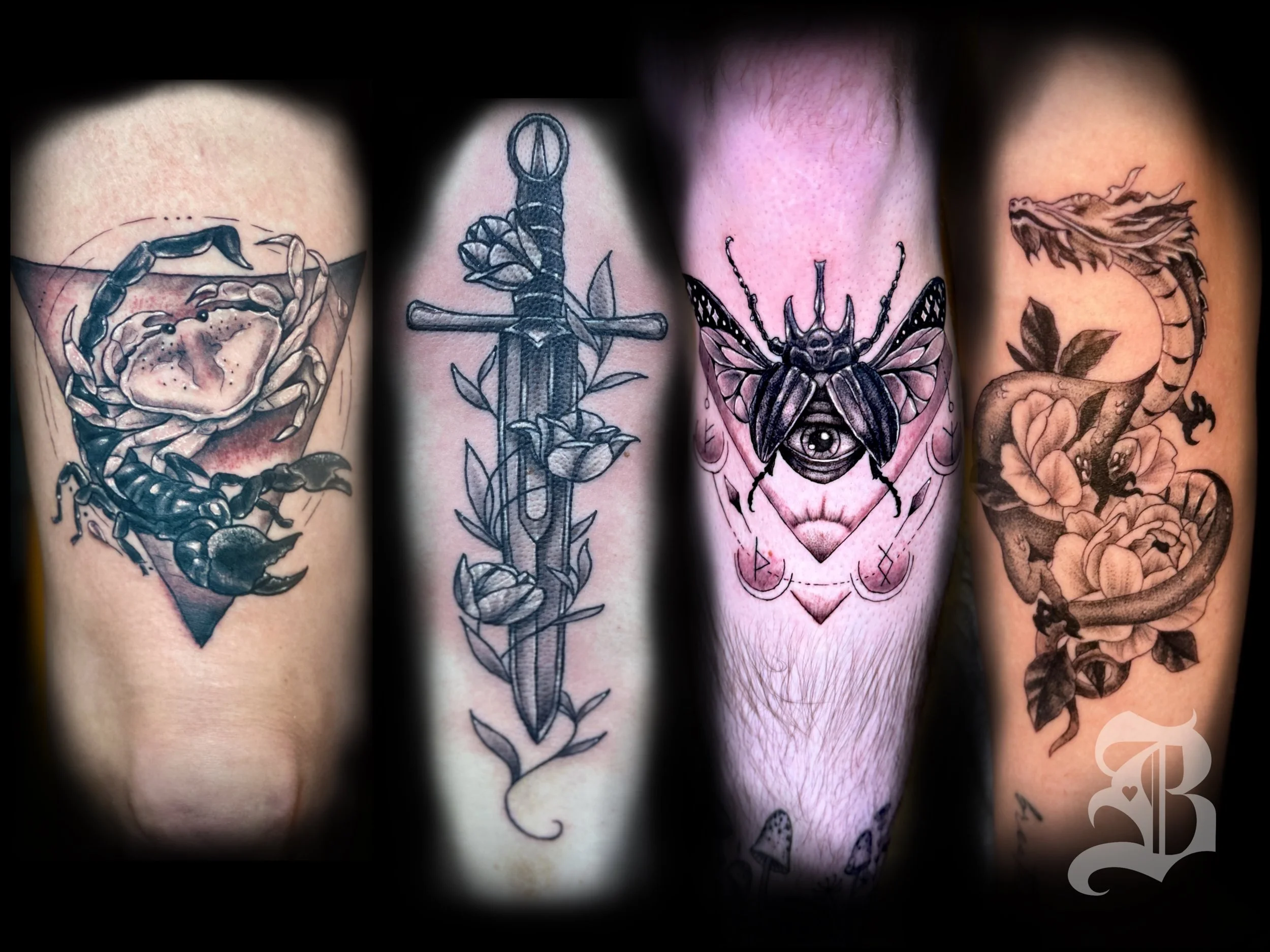 Four tattooed forearms with different black and gray designs, including a scorpion in a triangle, a dagger with vines, a bee with an eye, and a snake with flowers by Binx inks.