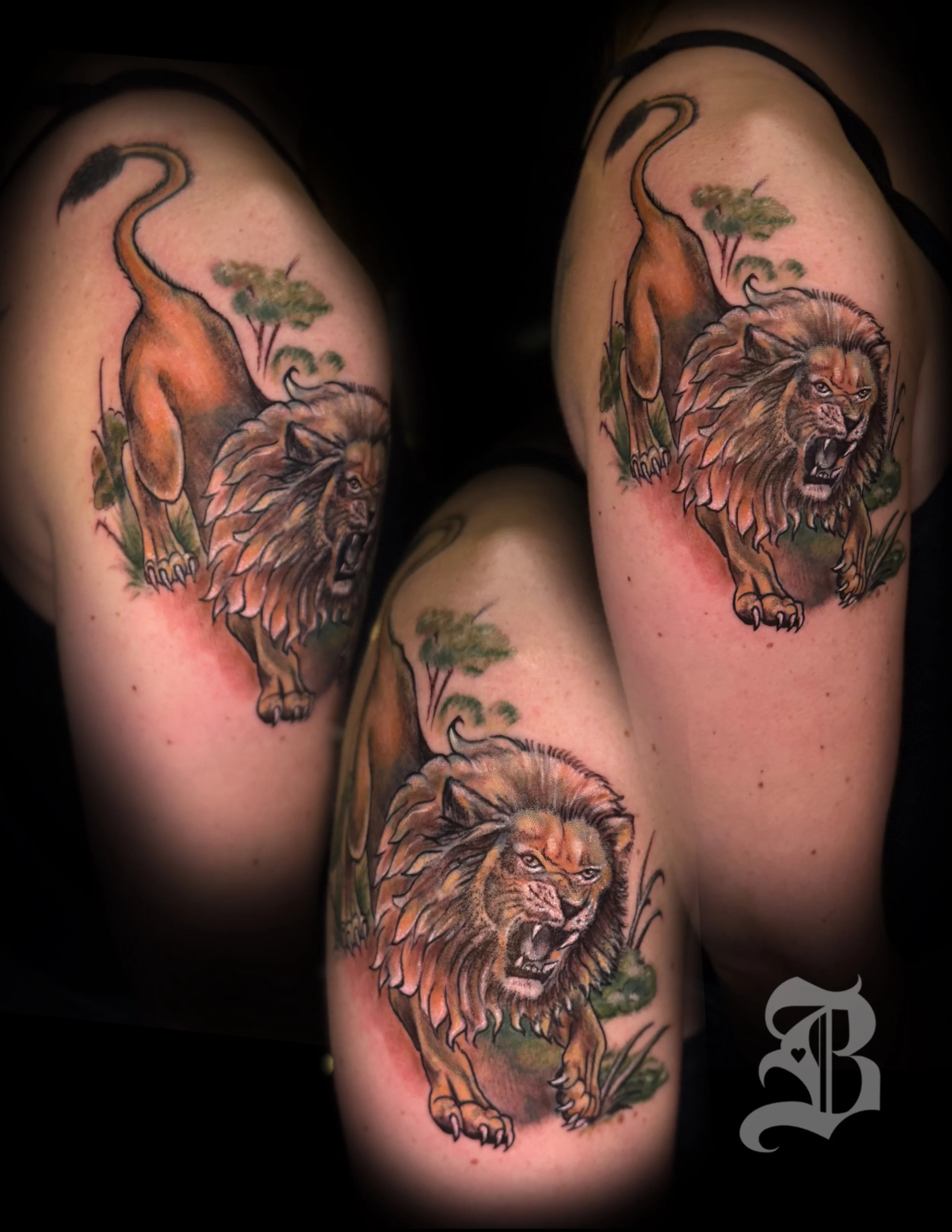 Tattoo of a fierce lion with a mane, roaring, with background of trees and grass on a person's arm.