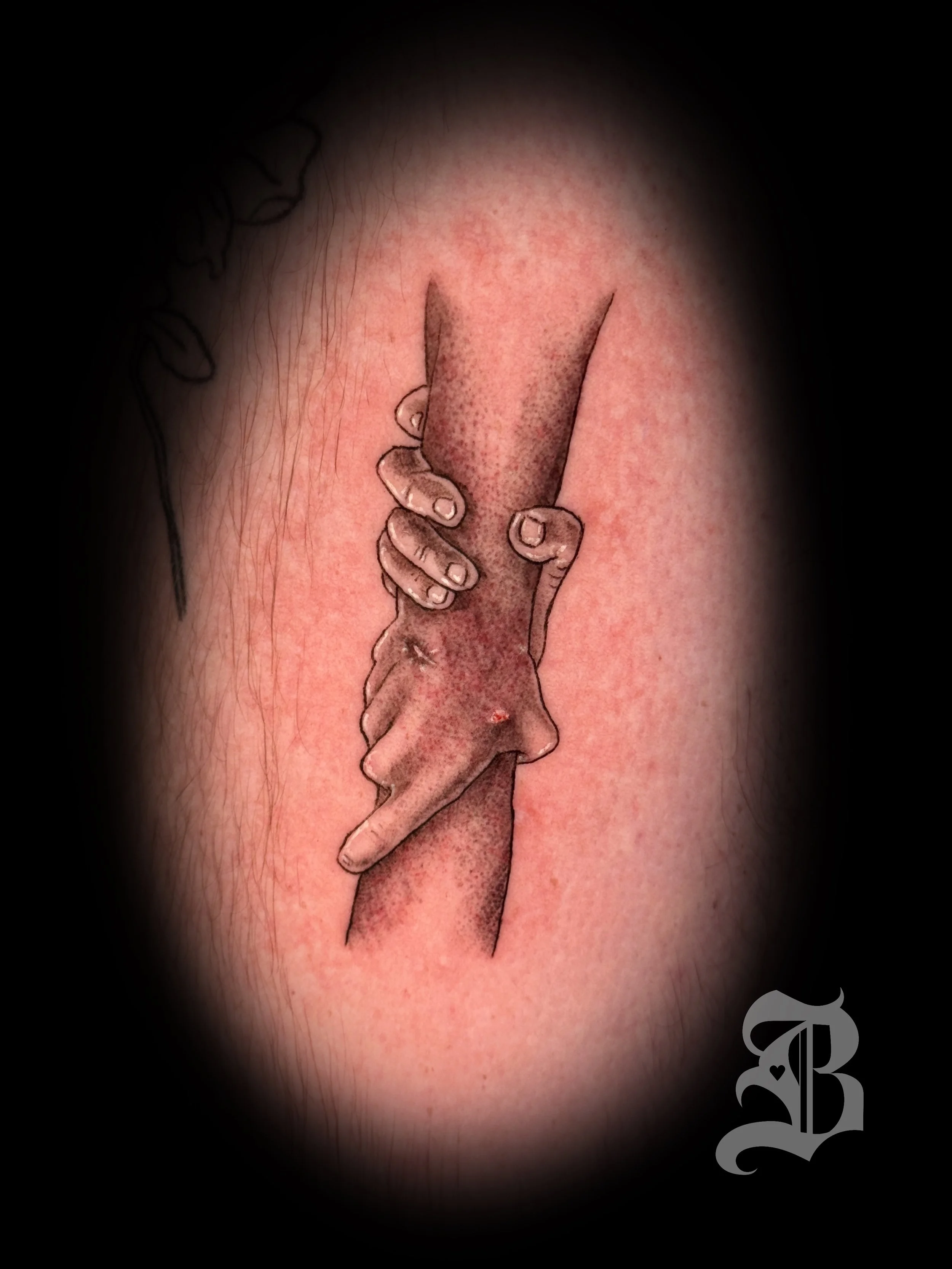 fine line micro-realism hands clasping black and gray tattoo Boston Massachusetts 