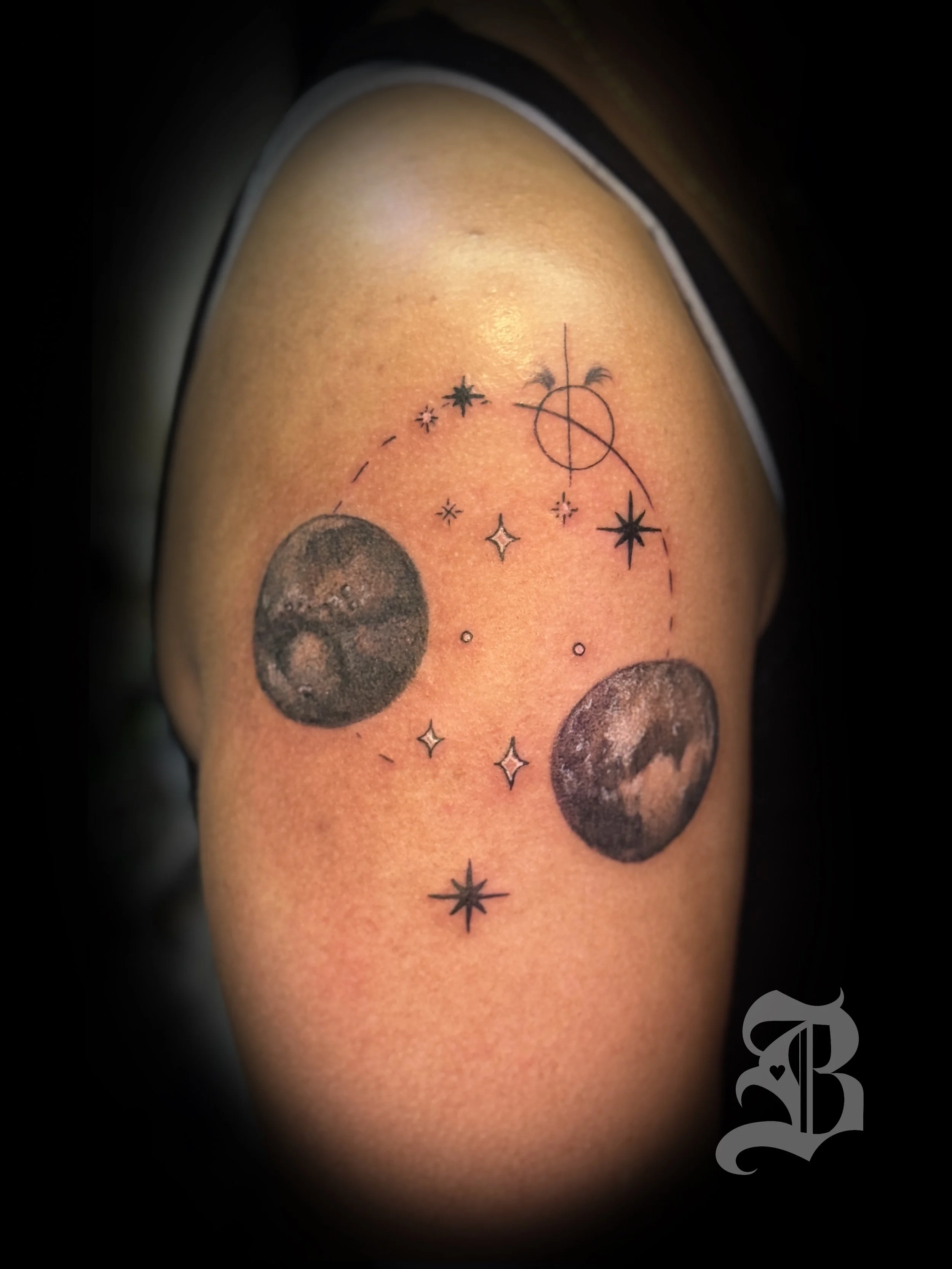 Planets and stars astrology arm fine line black and gray tattoo Boston Massachusetts 
