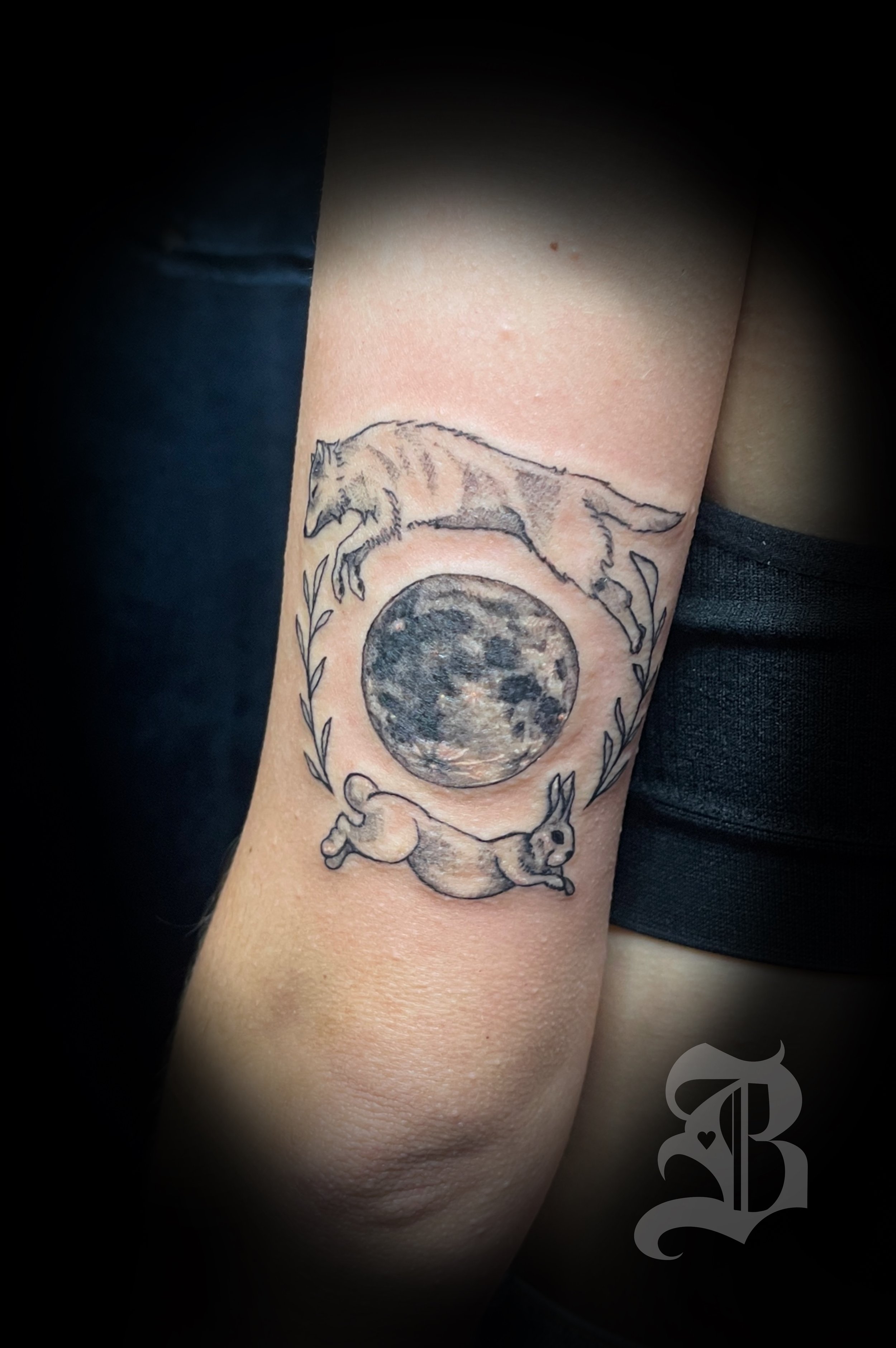 Fox and rabbit around the moon fineline black and gray tattoo boston Massachusetts usetts 