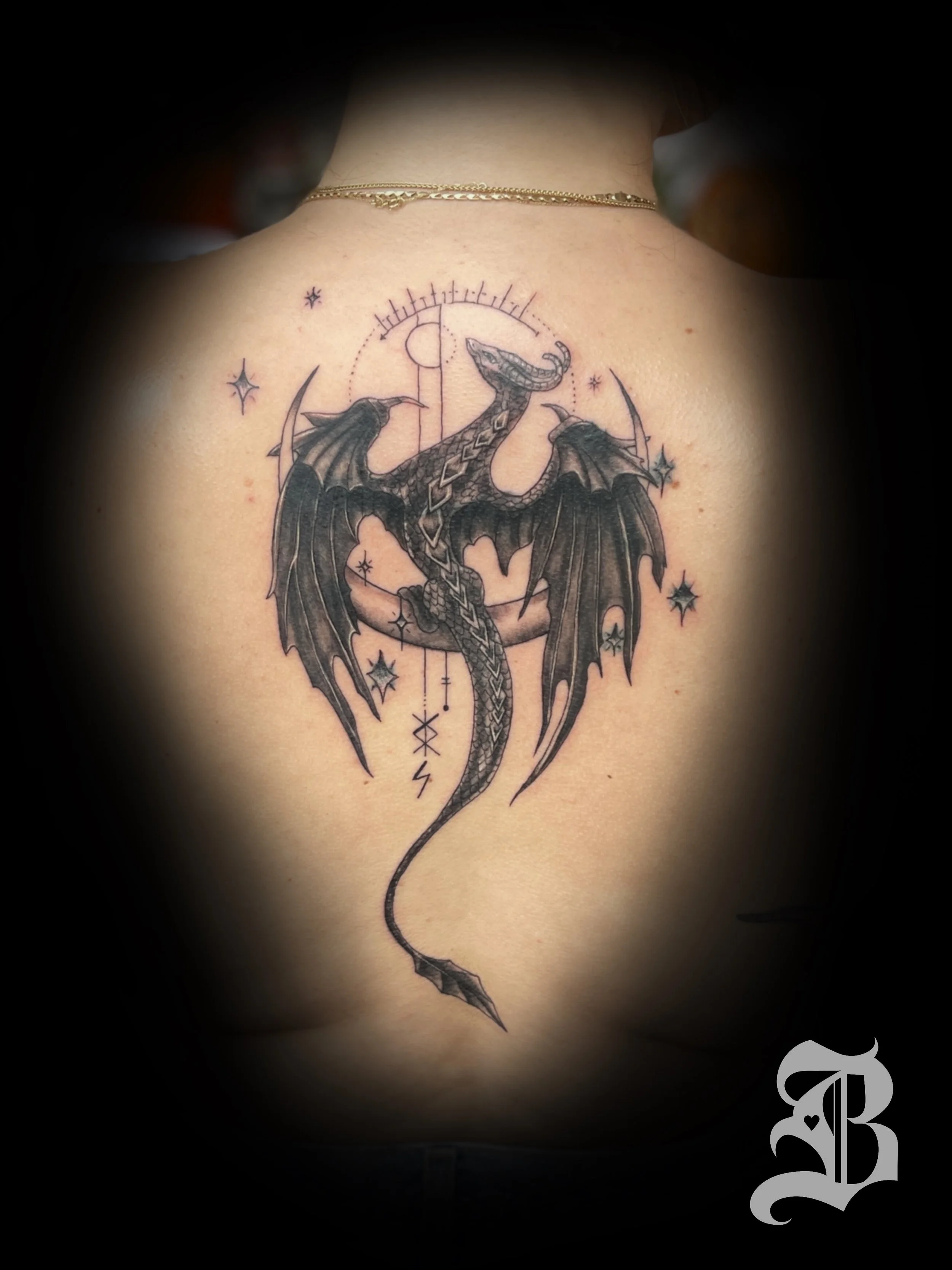 Fourth Wing dragon cove up black and gray back tattoo