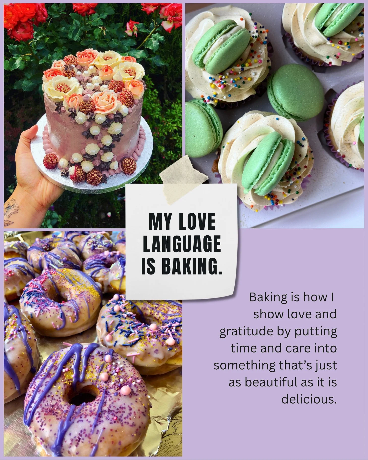 A collage featuring binx bakes, a pink and white decorated cake, green macarons, and glazed donuts with colorful sprinkles. In the center, there's a paper with the text 'My love language is baking' and a paragraph about showing love through baking.