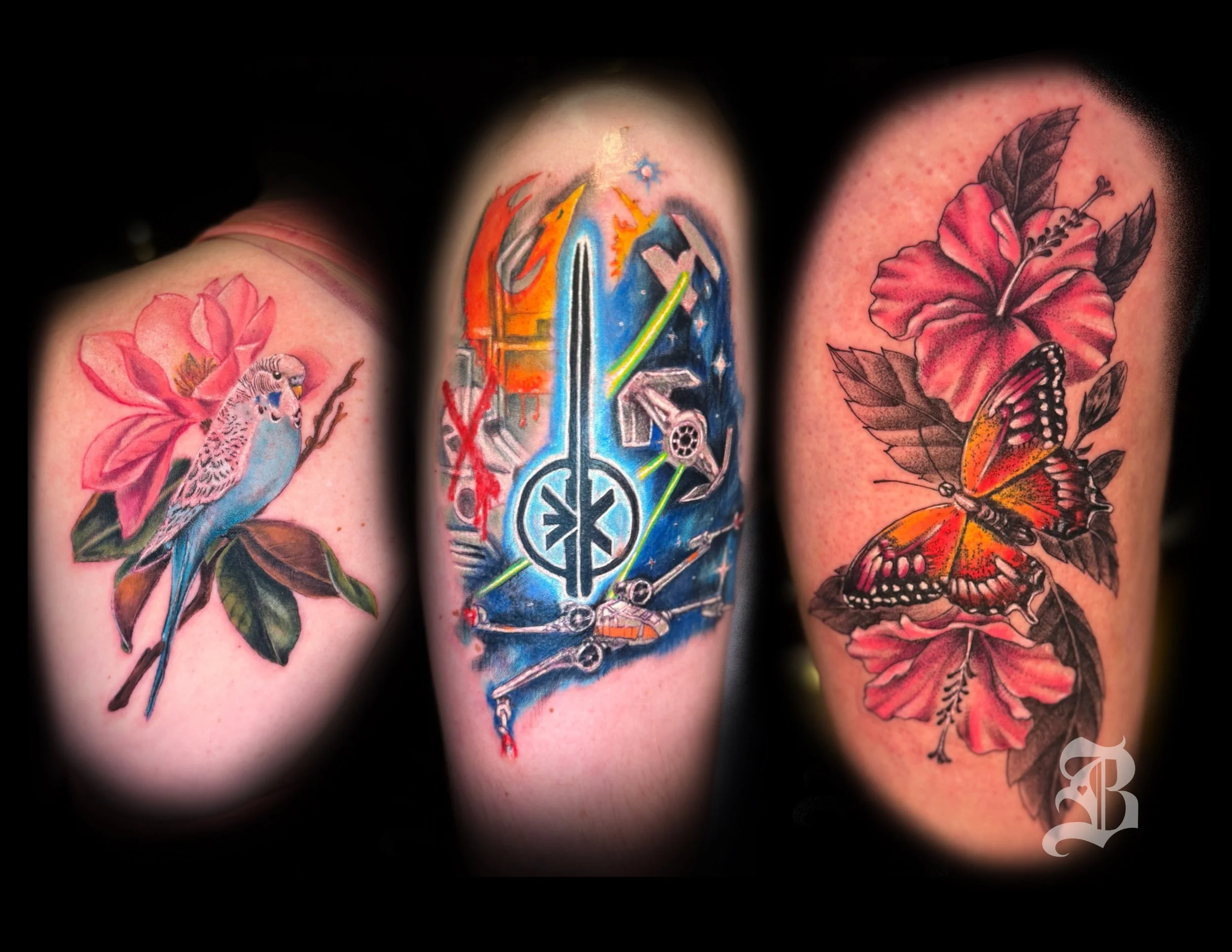 color tattoos, binx inks, binx tattoos, binx_inks, bird tattoo, flower tattoo, starwars tattoo, butterfly and flowers tattoo