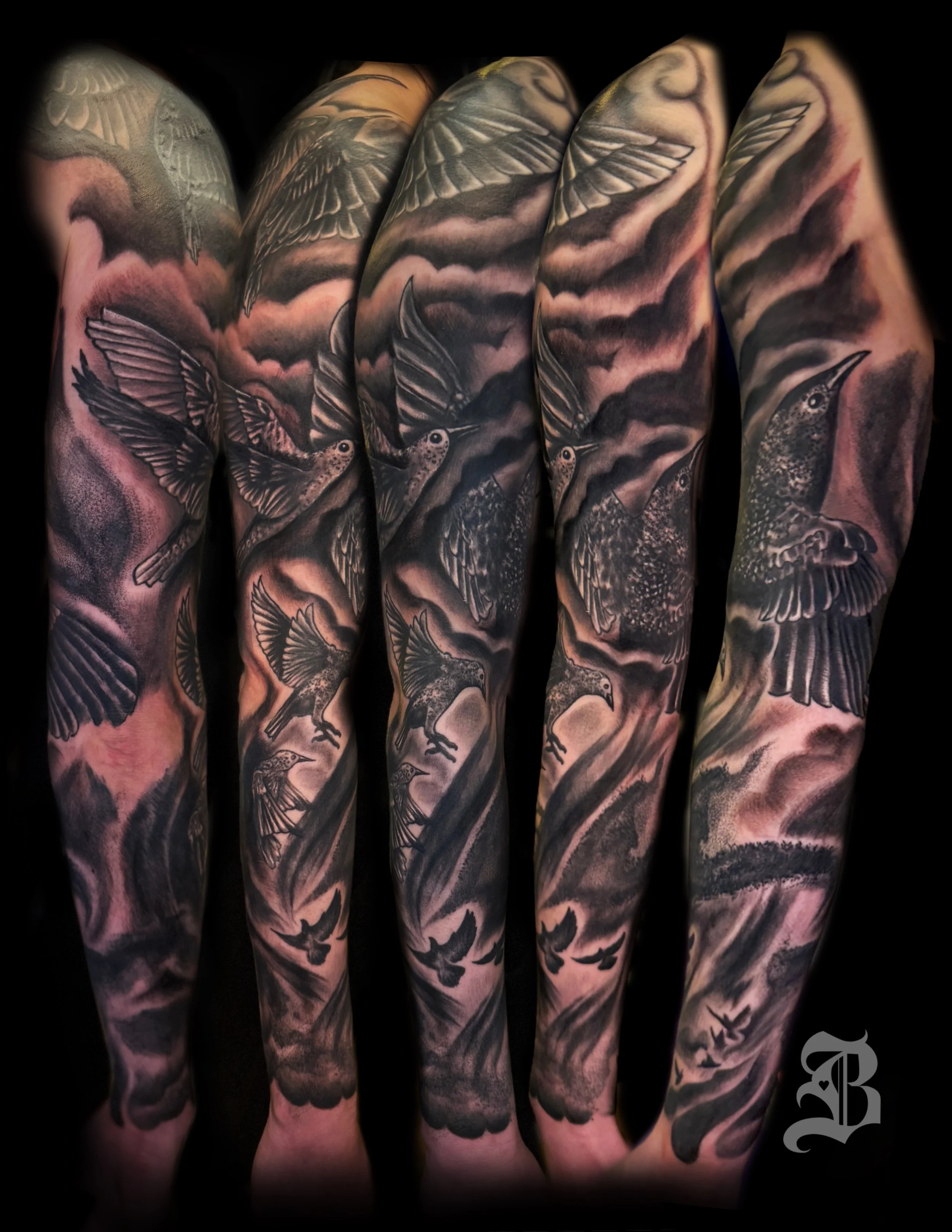 Black and gray tattoo sleeve featuring hummingbirds, clouds, and a landscape scene by Binx inks..