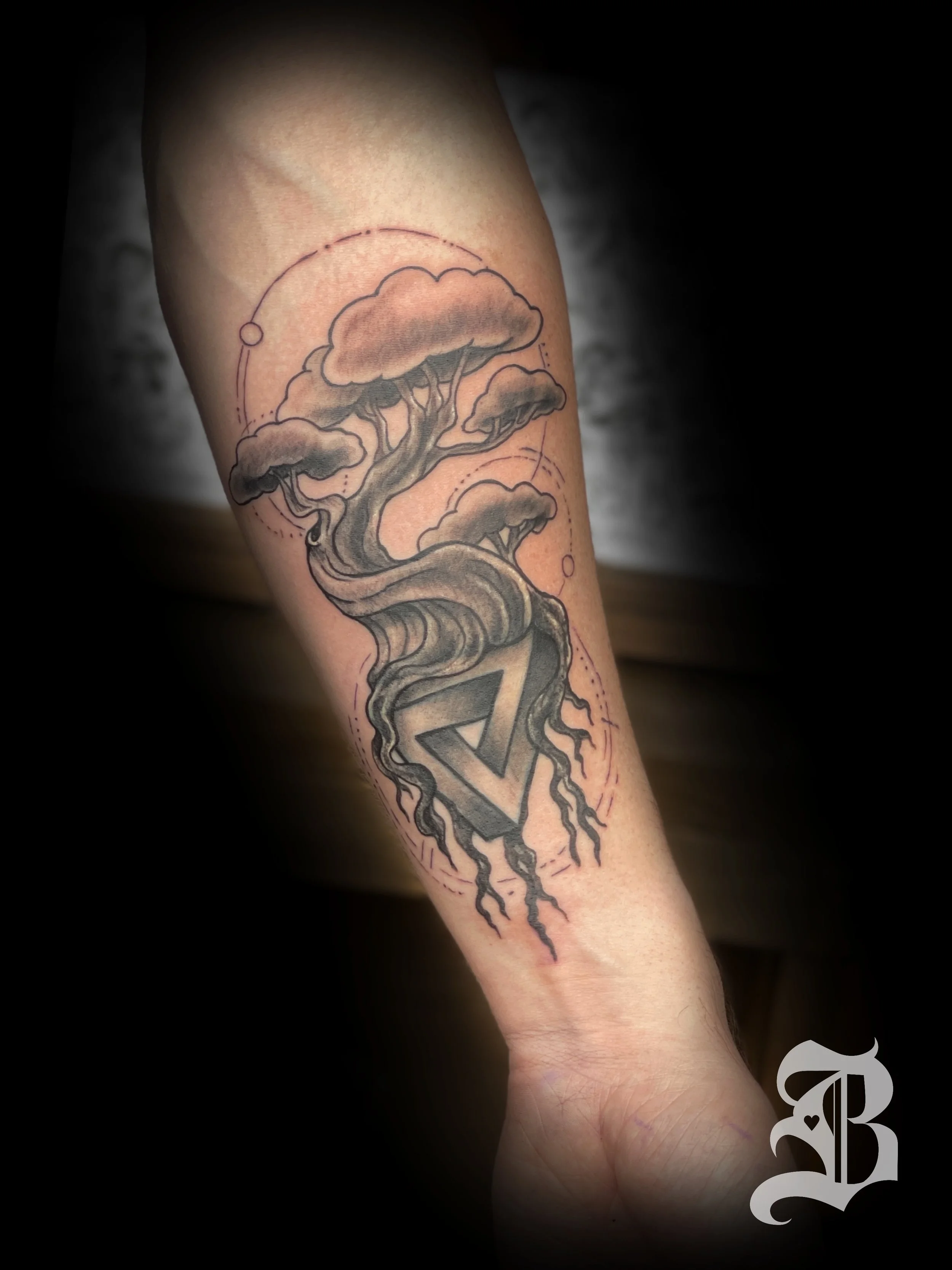 Bonsai illustrated black and gray arm tattoo Boston Massachusetts 