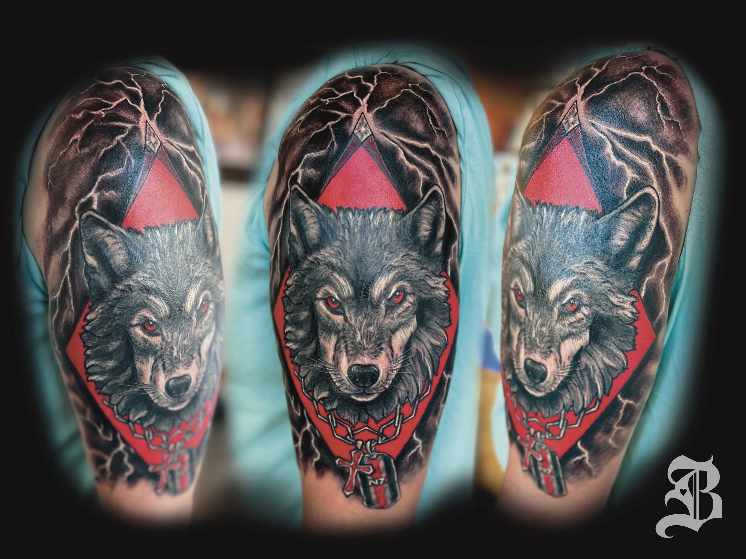 Illustrated color tattoo wolf and lightning with Mass Effect N7 dog tags upper arm tattoo.