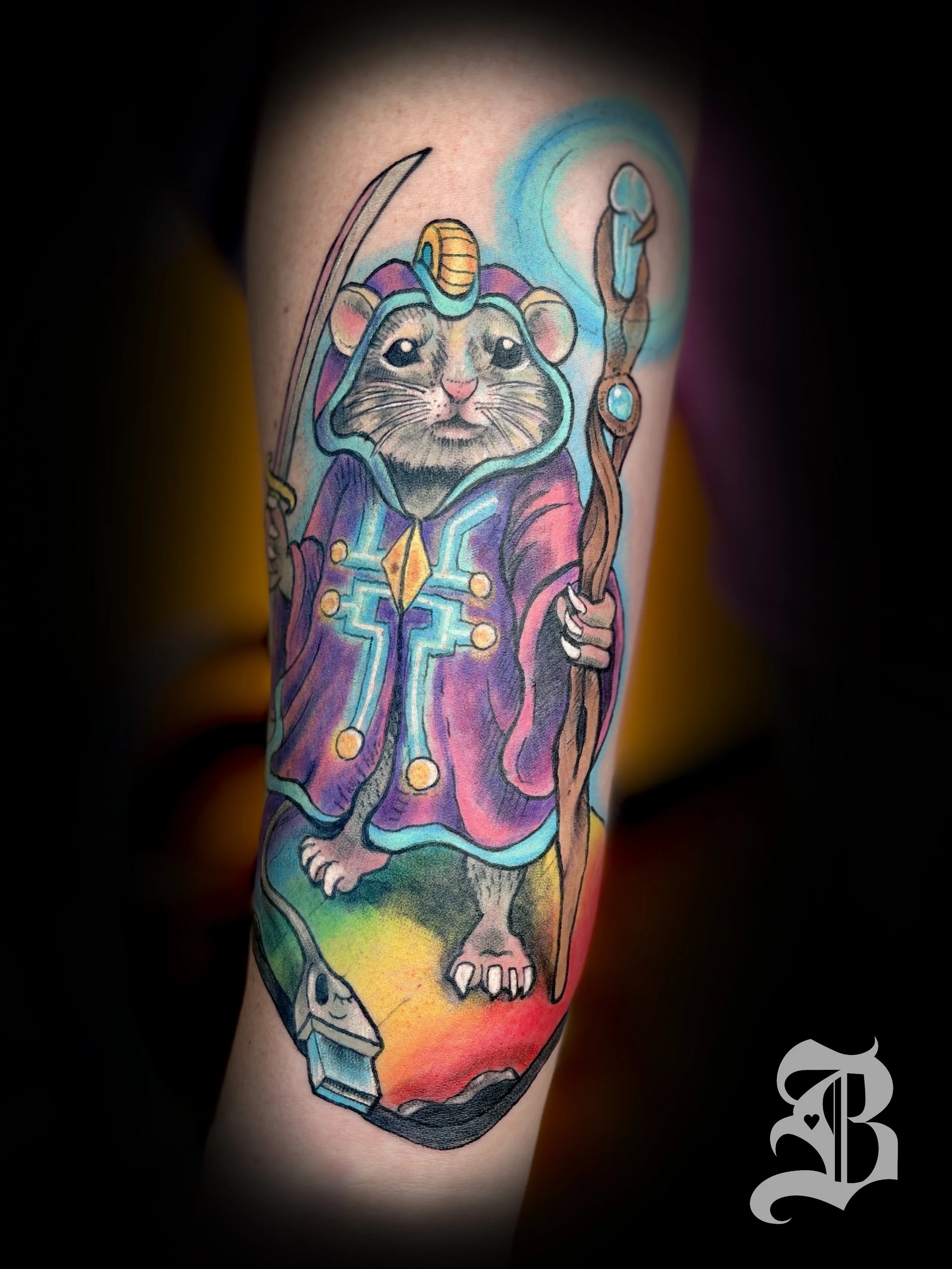 full color illustrated computer mouse wizard with penis staff and rainbow mouse pad forearm tattoo