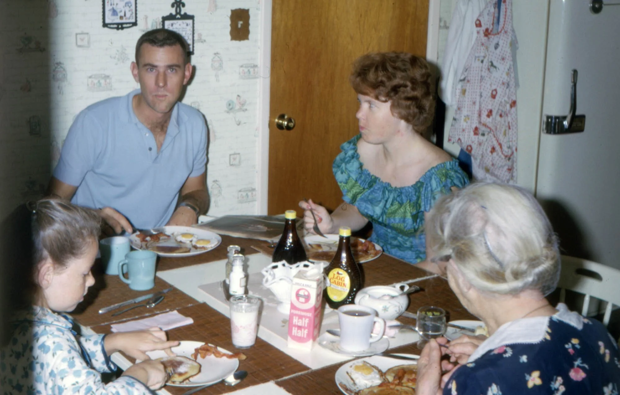Cathy, Bob, Mary, and Great-Grandma Ohlson at breakfast. Sunnyvale.