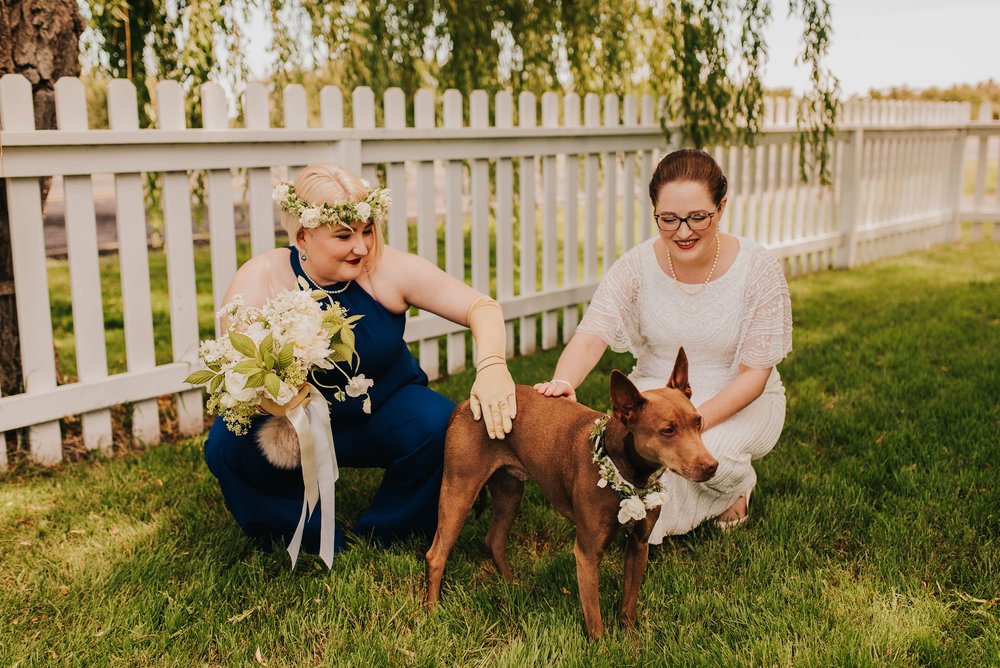  Two brides pet their dog while holding their bouquets. 