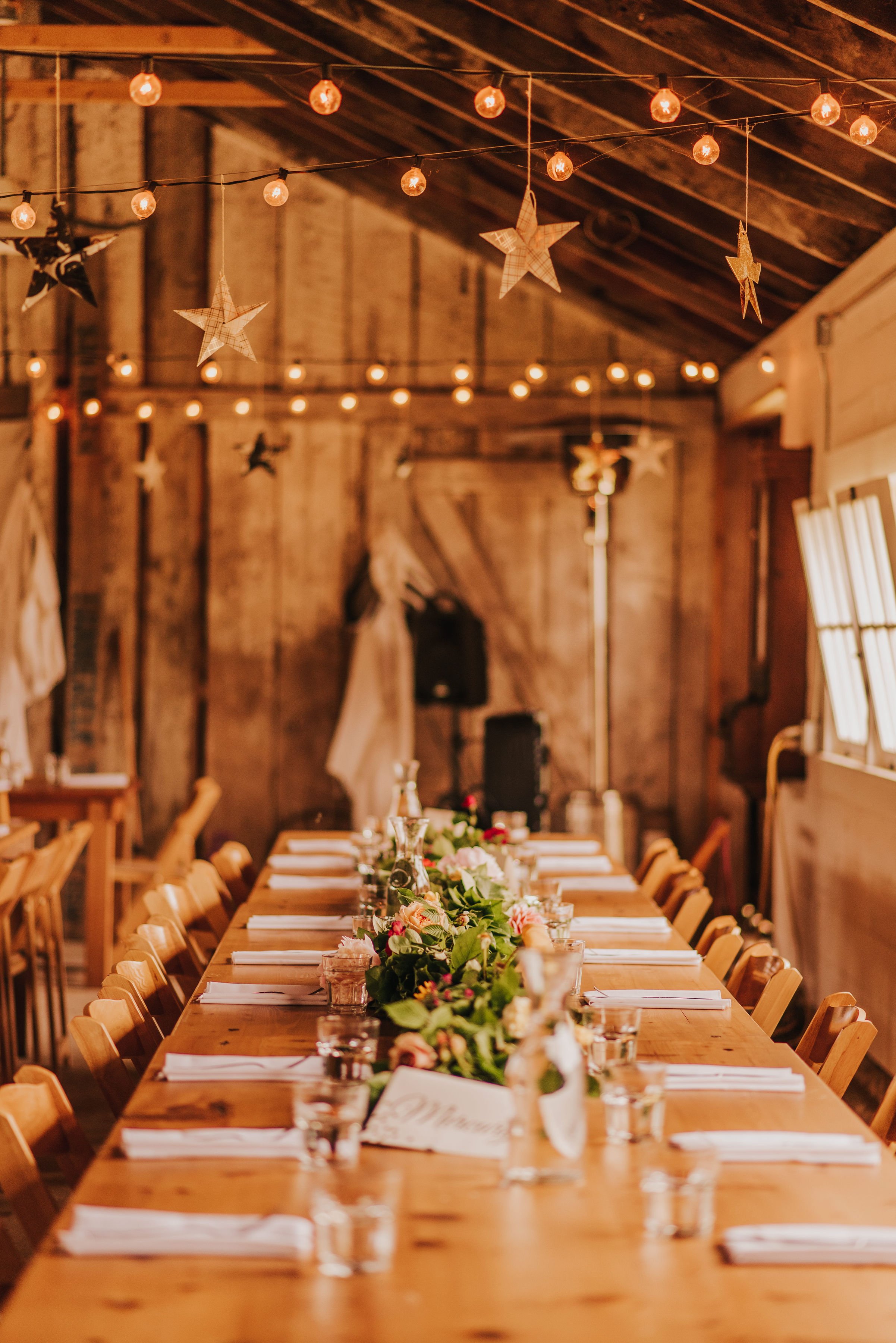  A long table is set for a wedding reception. 