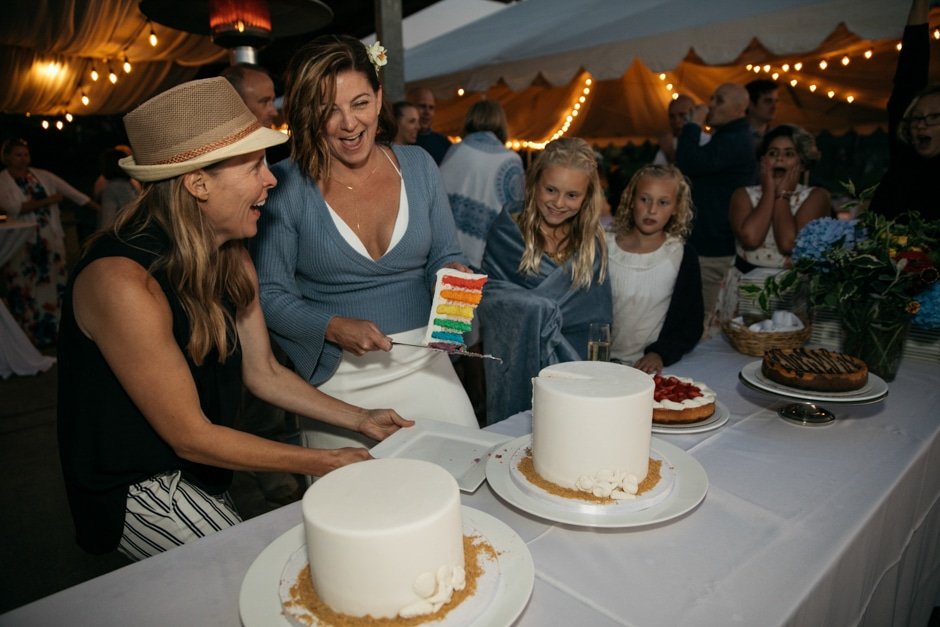  Two brides are cutting a cake and have revealed that the layers of the inside of the cake are the colors of the rainbow. 