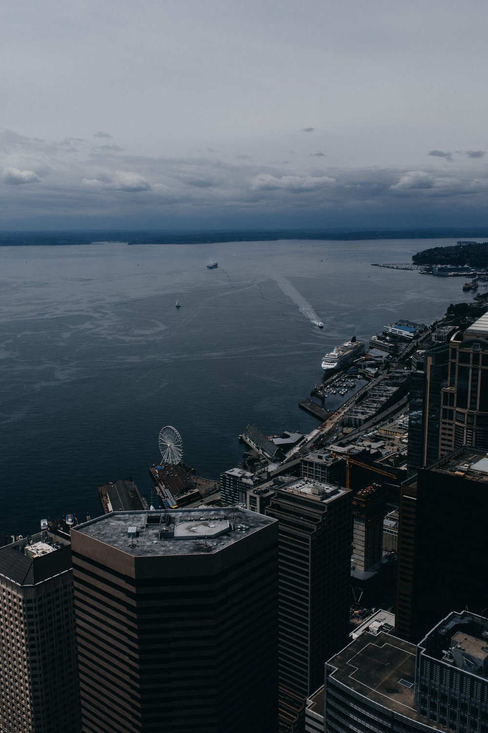  An aerial view of downtown Seattle and Elliot Bay. 