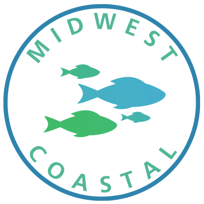 Logo of Midwest Coastal featuring four stylized fish in green and blue with the text 'MIDWEST COASTAL' around the circle.