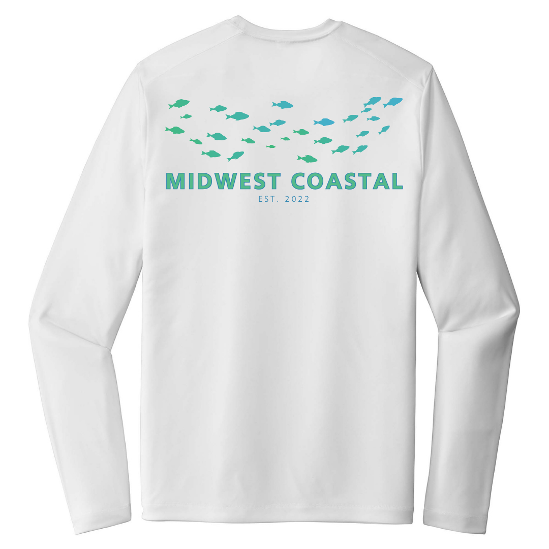 White long-sleeve shirt with a graphic of multiple colorful fish and the text 'MIDWEST COASTAL' and 'EST. 2022' printed on it.