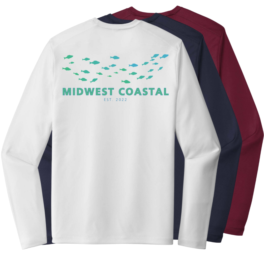 Long sleeve white, navy, and dark red shirts stacked, with the white shirt featuring a graphic of fish and the text "MIDWEST COASTAL EST. 2022."