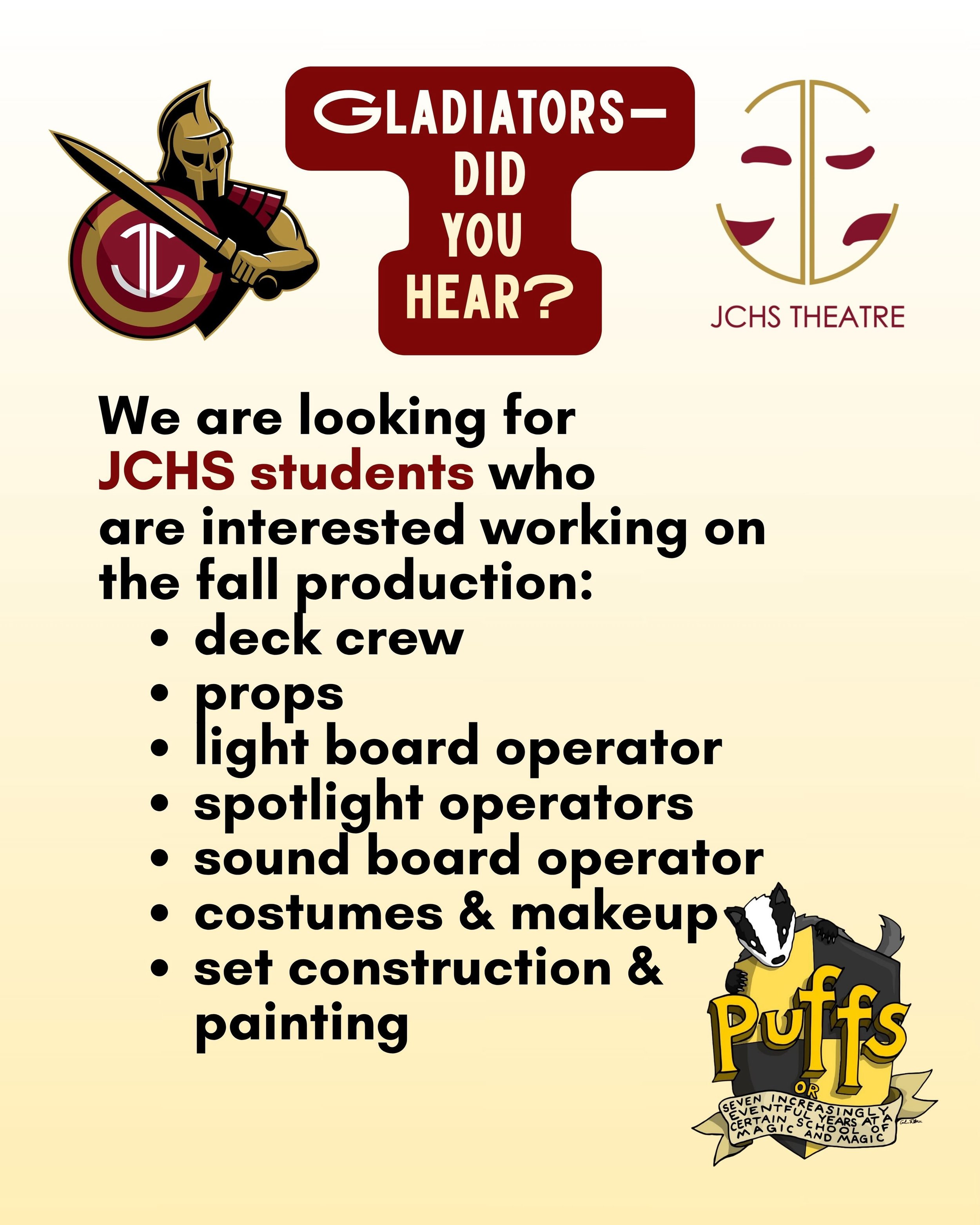 Tech applications for the fall production are live and ready for you to fill them out!!! Can&rsquo;t wait to see this crew help put this magical production and help the Puffs score points on their journey!!

If you have any questions regarding the fo