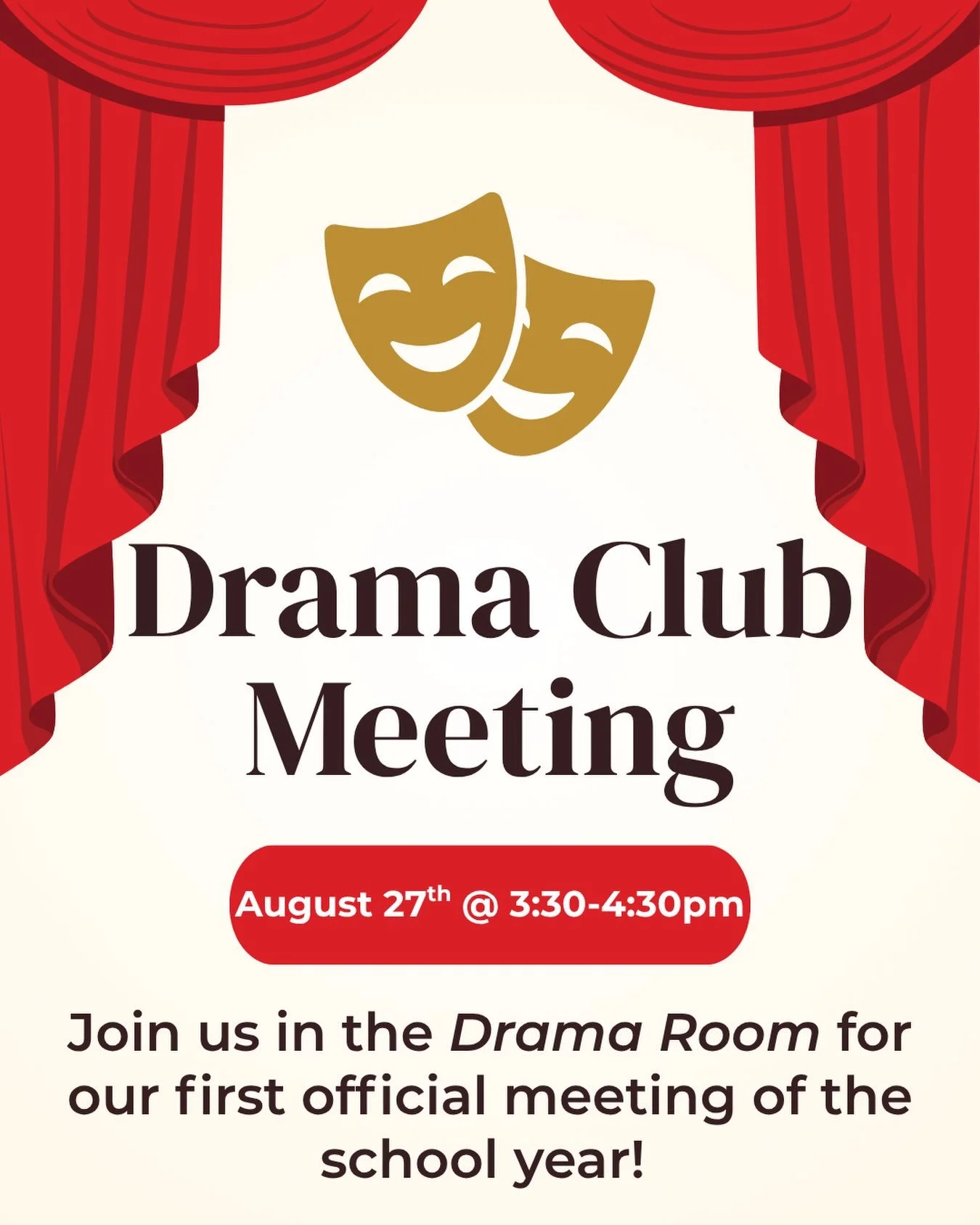 JCHS Theatre is excited to announce that our first official Drama Club meeting with be THIS THURSDAY (AUGUST 27TH) ⭐️⭐️⭐️
Join us in the Drama Room from 3:30-4:30pm for games, snacks, and important info!
Make sure that you keep up with all important 