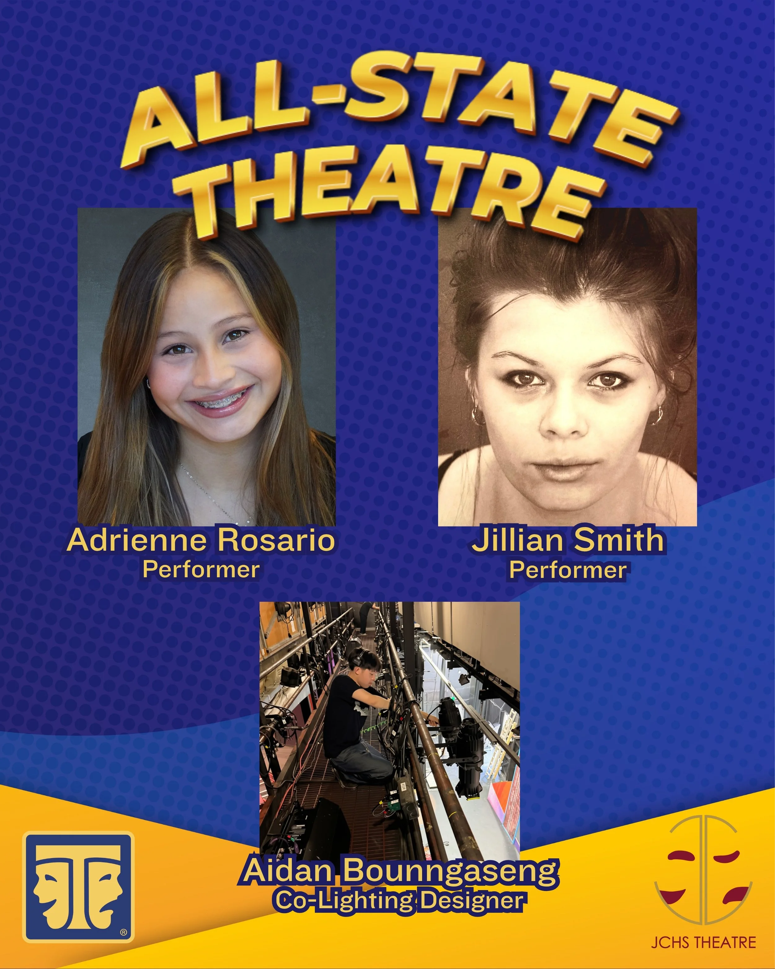We are proud to announce that Adrienne Rosario and Jillian Smith were selected as performers, and Aidan Bounngaseng was selected as Co-Lighting Designer for All-State Theatre! Thank you, Georgia Thespians, for giving these students this opportunity a
