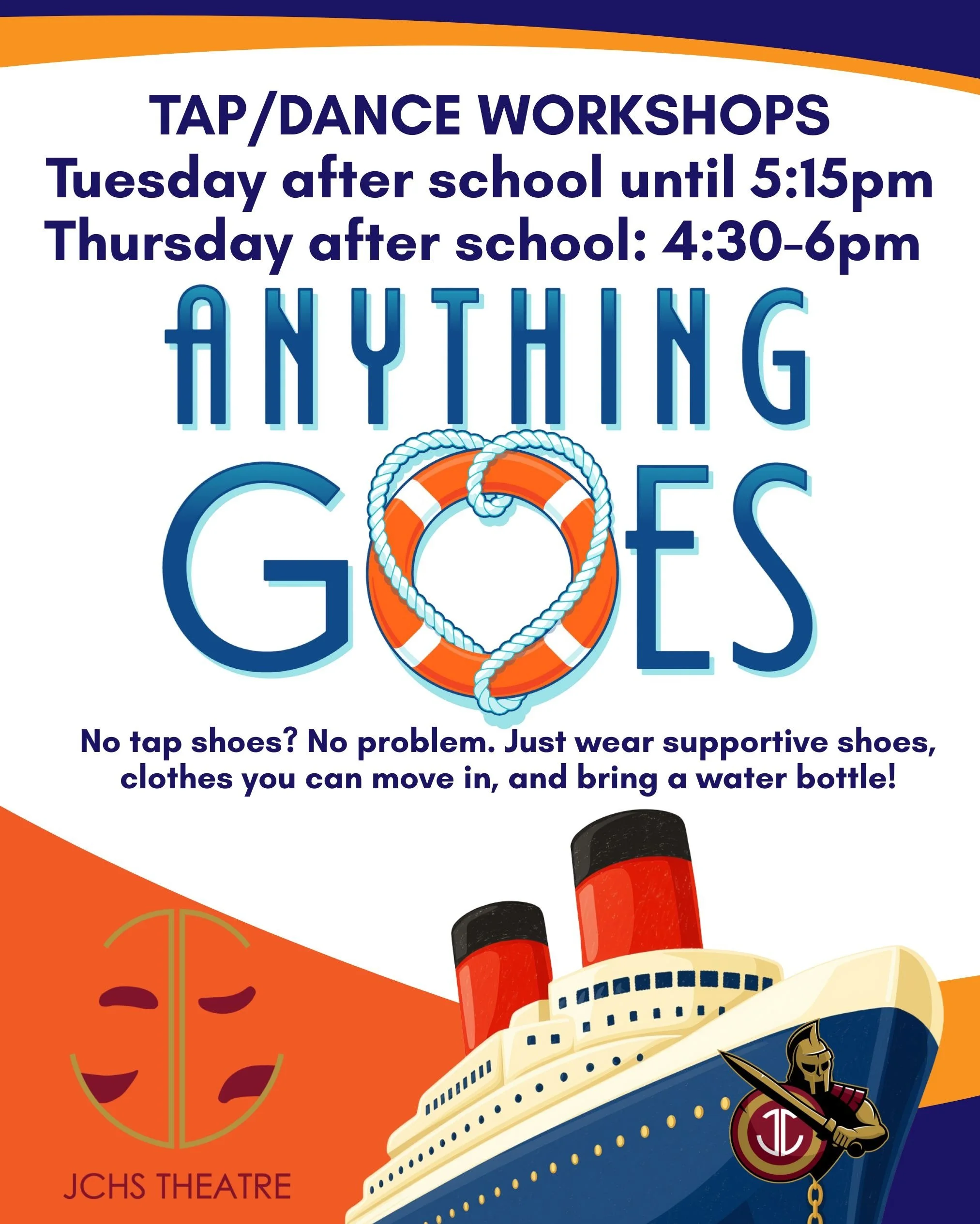 Today, this Thursday, and next Thursday- come learn choreography for the dance portion of Anything Goes auditions, or just come and learn some classic broadway dance combinations! All are welcome!

#jchsgladiators #anythinggoes #tap