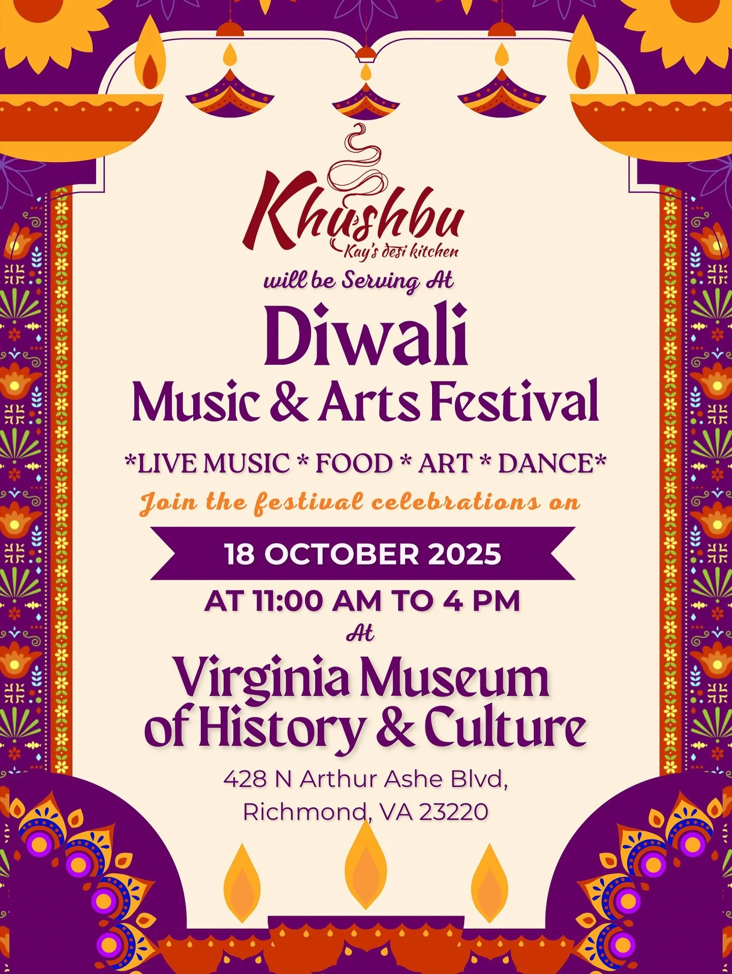 Diwali is a celebration of light over darkness, good over evil, and joy over despair — and we’re bringing that spirit to Richmond in collaboration with @prabirrva @rithinitiative ! 
Join us October 18th, 11AM–4PM at the Virginia Mu