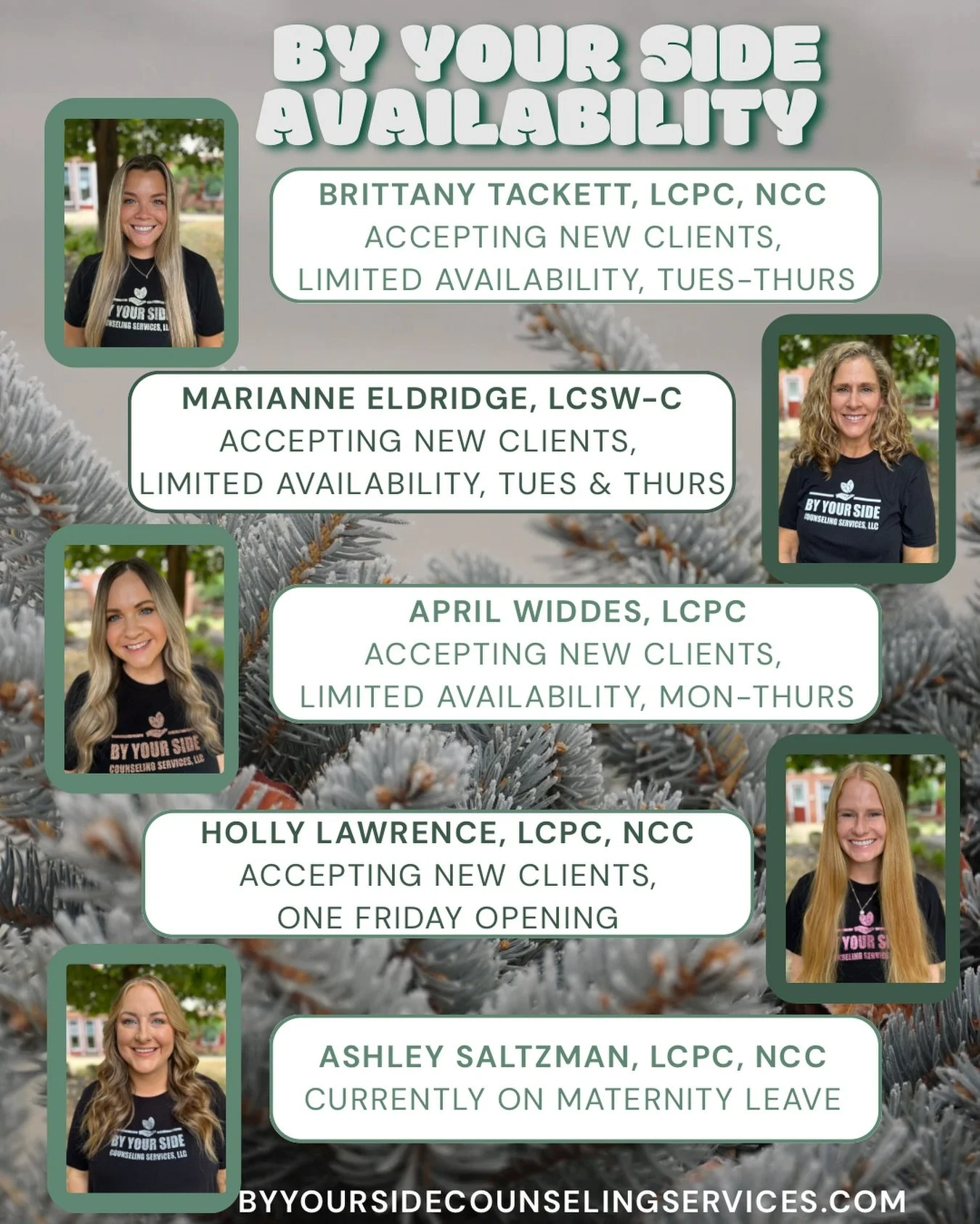 Our team has a few current December openings. Please contact us through our website to find out more.

https://www.byyoursidecounselingservices.com