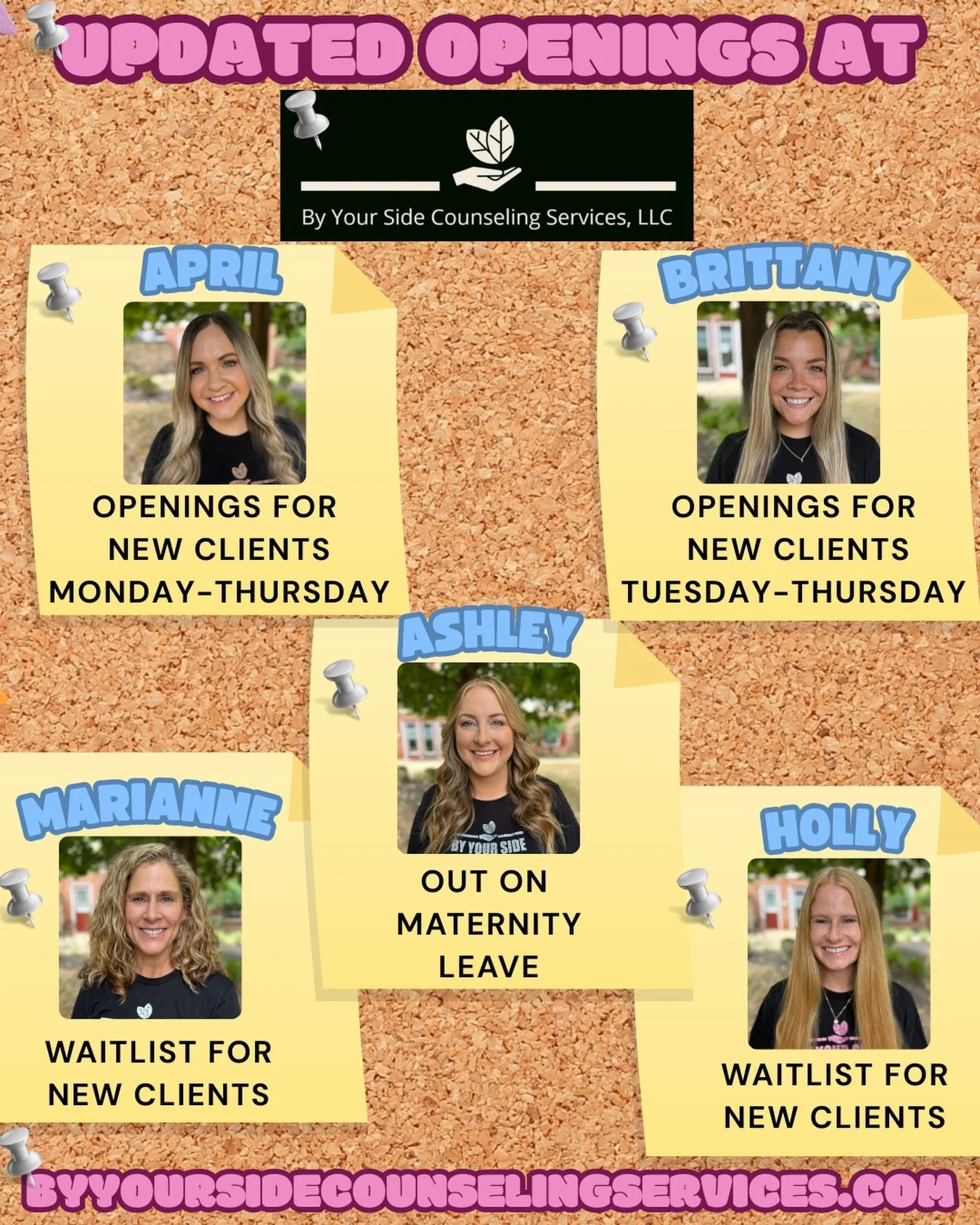 📌We have updated openings at By Your Side Counseling Services, LLC! Please reach out through our website to get started or to hear more.
https://www.byyoursidecounselingservices.com
📌April and Brittany are currently scheduling various weekday openi