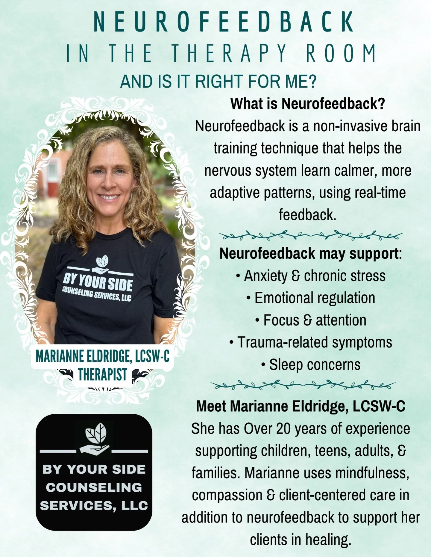 If you haven&rsquo;t yet, we are proud for you to meet Marianne Eldridge, LCSW-C, one of the amazing therapists at @byyoursidecounselingservices! Marianne combines neurofeedback, talk therapy, and mindfulness to support a holistic mind-body approach 