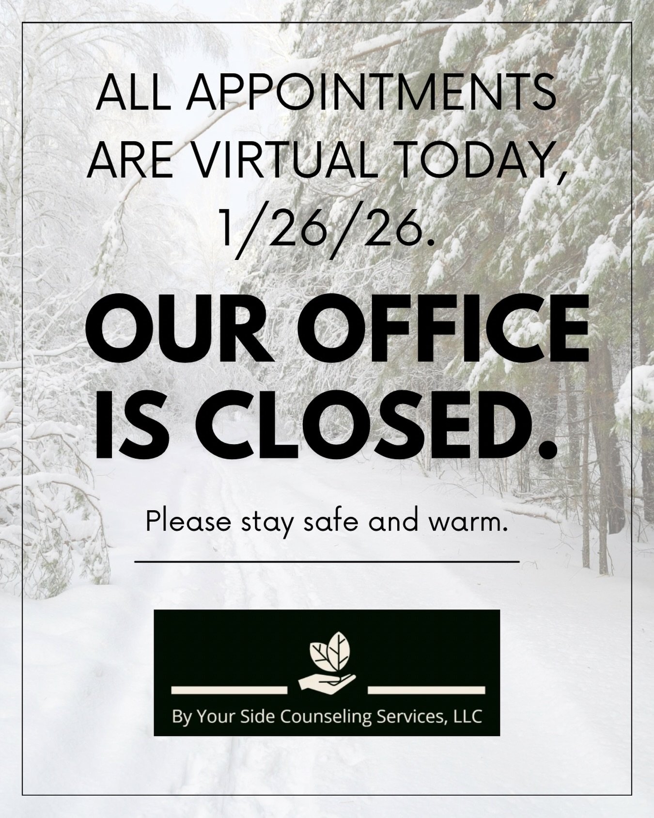 We want everyone to stay safe and warm today! At @byyoursidecounselingservices we are thankful to continue offering the option of switching to virtual in cases of winter weather, unforeseen changes, illness, etc. Just as our providers can make a deci