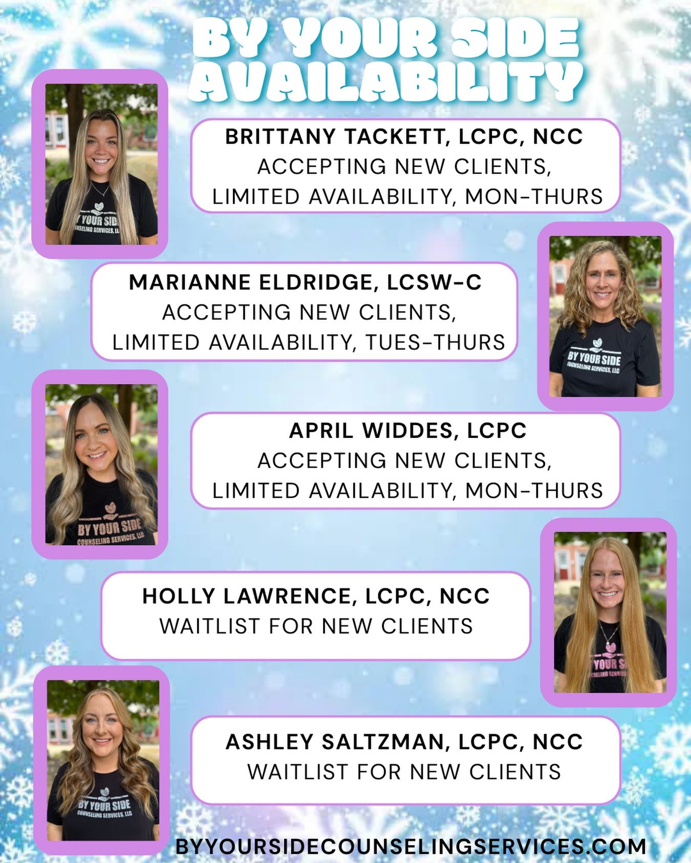 By Your Side Counseling Services currently has openings for daytime, as well as late afternoon &amp;
early evening sessions to accommodate all types of schedules! 

Sessions are offered in person or online, based on your preference. Our practice is o