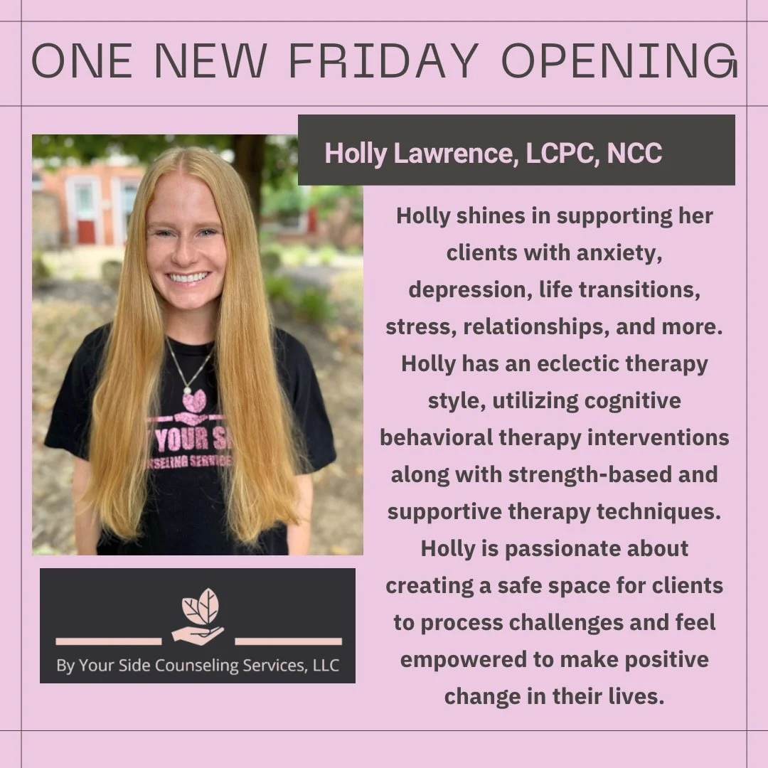 In honor of today being Friday, we want to share that Holly now has an opening! She currently has one Friday appointment available at 3:30 PM. Holly works with children, teens, and adults and offers a supportive, thoughtful approach to therapy.
Learn