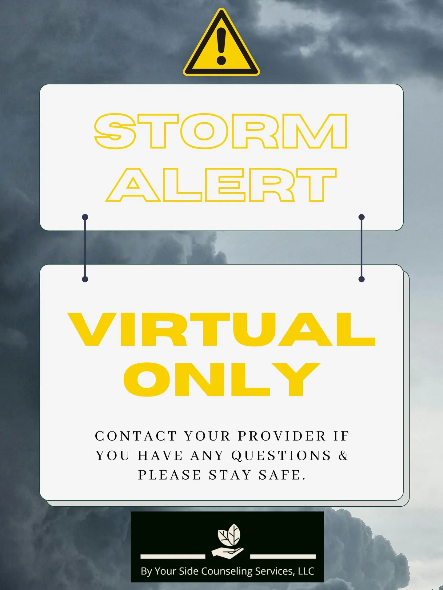 For the safety of our clients and team, due to today&rsquo;s forecasted storms, @byyoursidecounselingservices will be operating virtual only. If you are a current client with any questions, please reach out. 

To the Frederick community, please stay 