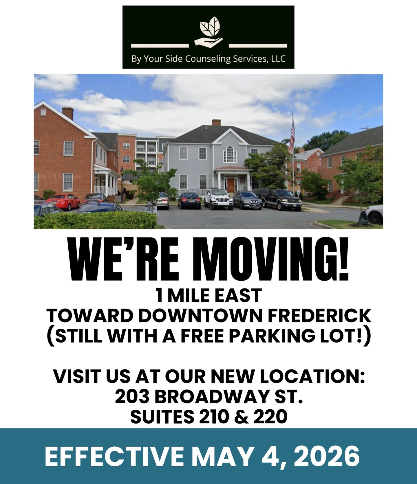 We have exciting news! @byyoursidecounselingservices is moving! Starting Monday, May 4th, we will officially be moved into our new space and all sessions will take place at our new location:
203 Broadway St., Suite 210
Frederick, MD 21701

For additi
