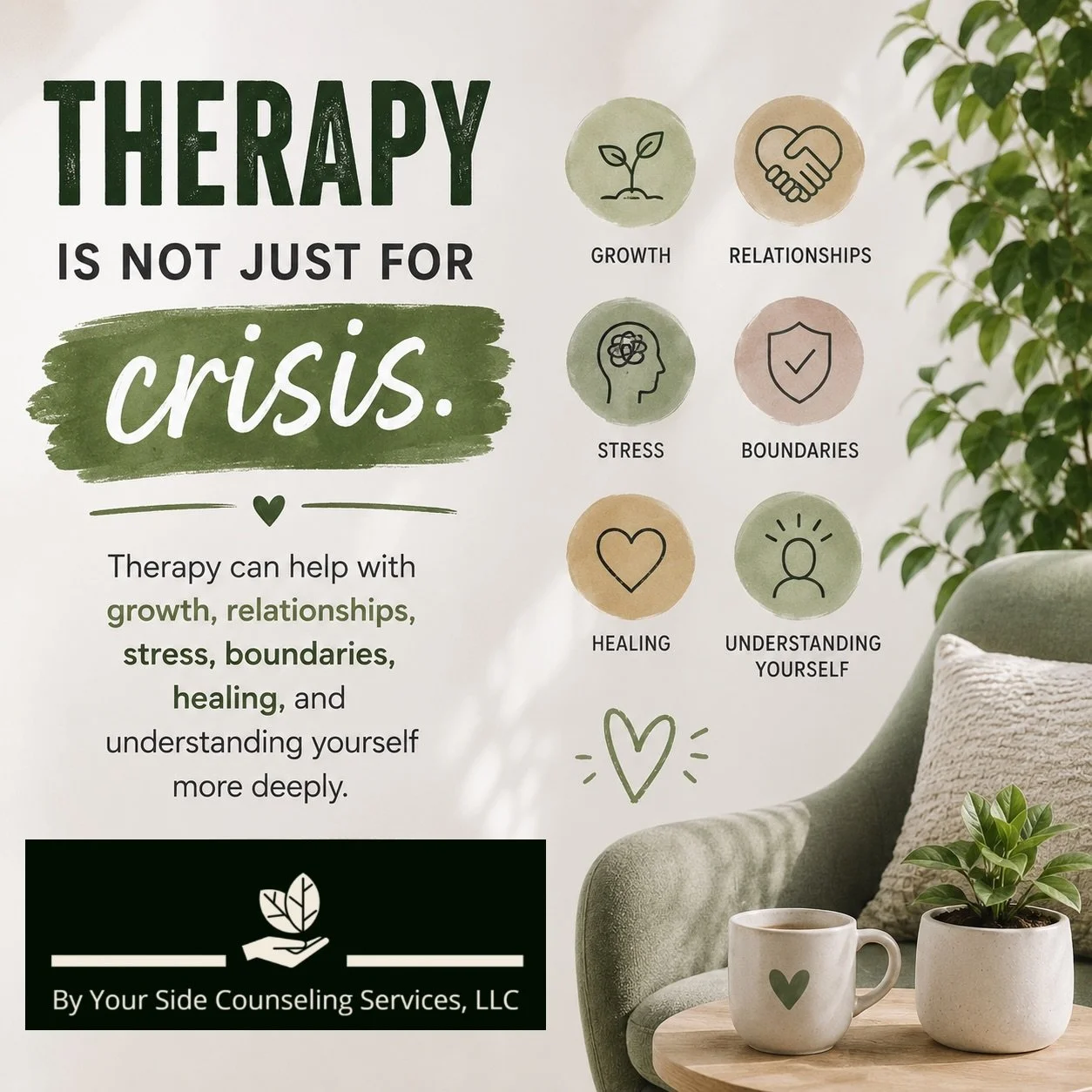 Therapy can be for so many things, and you don&rsquo;t have to wait until you&rsquo;re in crisis to deserve support. Mental Health Awareness month is to remind us that our mental health is important all of the time and for all of the reasons. 

https