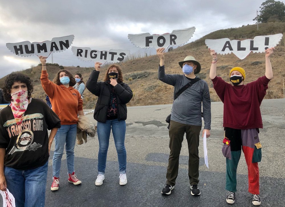 Image from a protest over Covid safety protocols at San Quentin prison