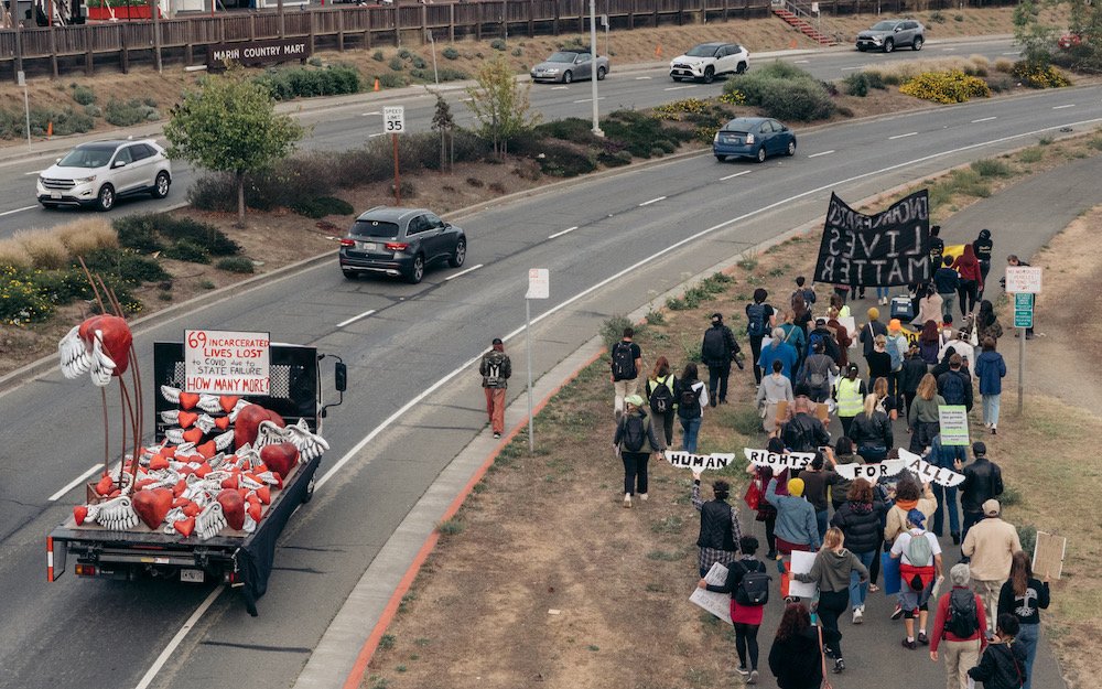 Image from a protest over Covid safety protocols at San Quentin prison