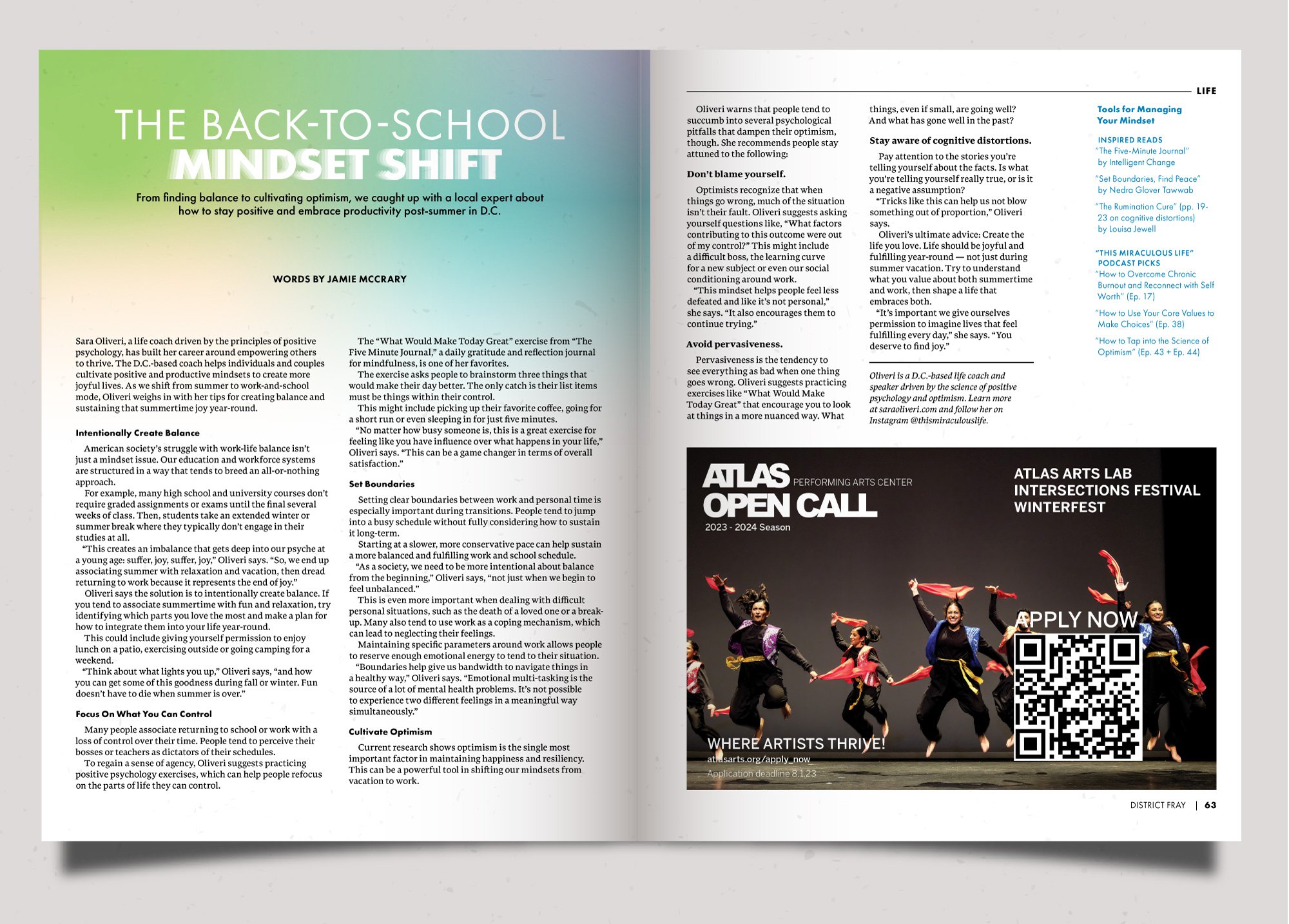 Magazine spread featuring an article on a mindset shift for back-to-school, with tips for balance and productivity. The right page includes an advertisement for Atlas Arts Lab's open call with a QR code and image of performers.