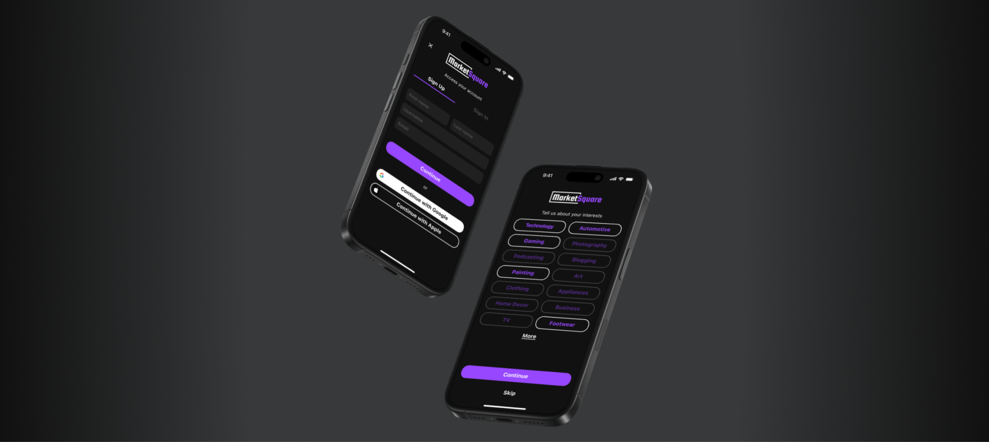 MarketSquare app — hero composition of marketplace screens