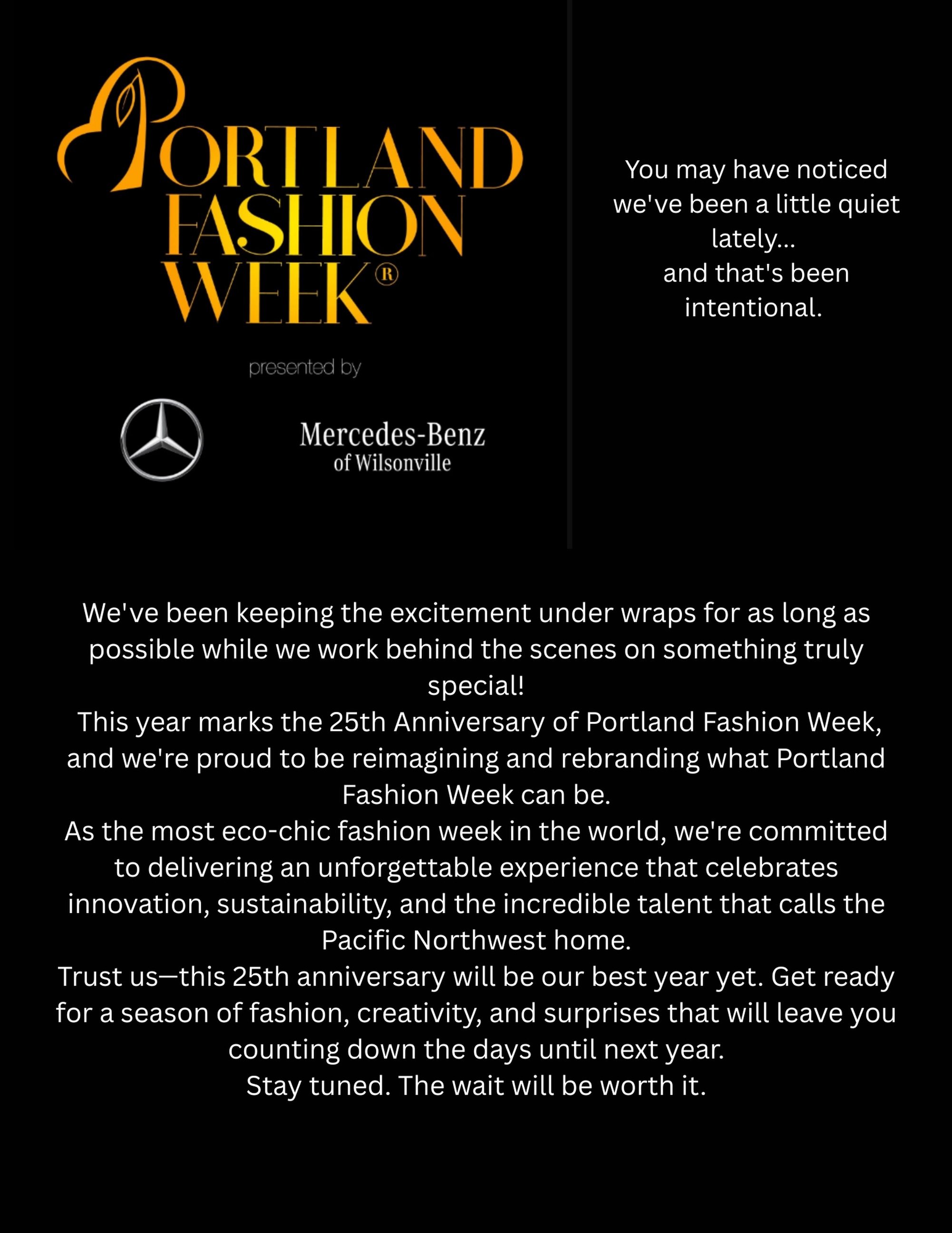 Here&rsquo;s to the 25th anniversary! 🥂
Lucky and grateful to have all of you still with us! 
Cannot wait to see you all! 
Prepare for an unforgettable year.
Keep Portland pretty 

#portlandfashionweek2026 #notfashionxt #25thanniversary #silverthrea