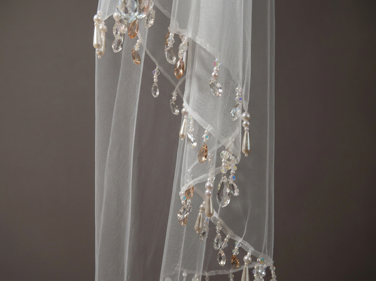 A close up a tulle wedding veil with trimmed crystal droplets along the edge