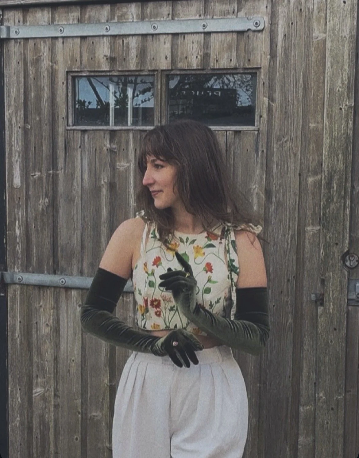 Custom made opera length, green, velvet gloves