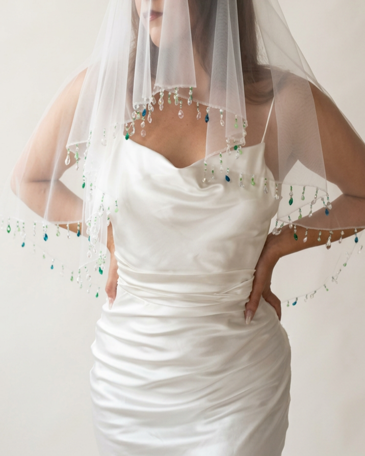 a bride wearing a wedding veil with ble and green glass droplets along the edge