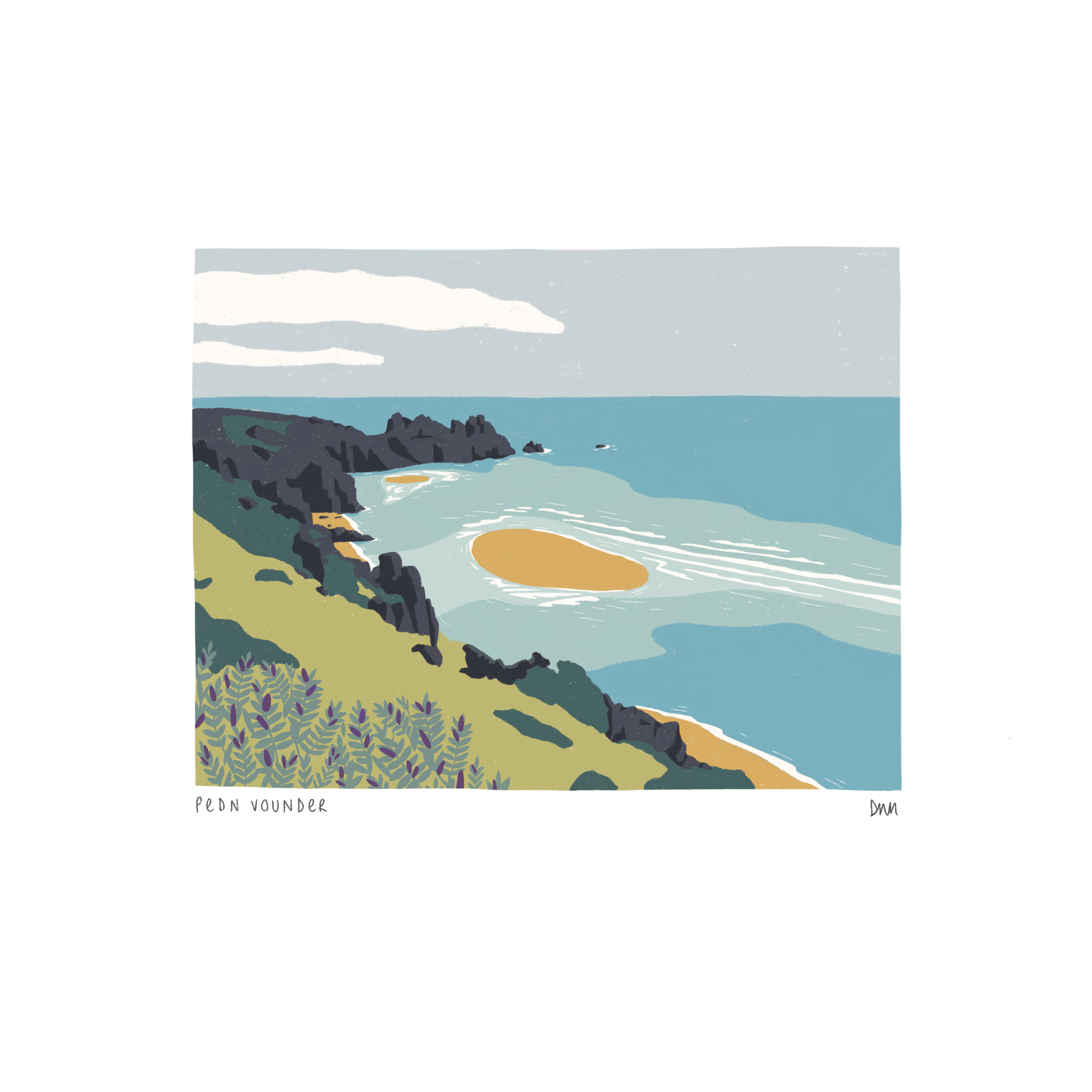 Dani Mayes digital illustration print of Pedn Vounder beach in Cornwall