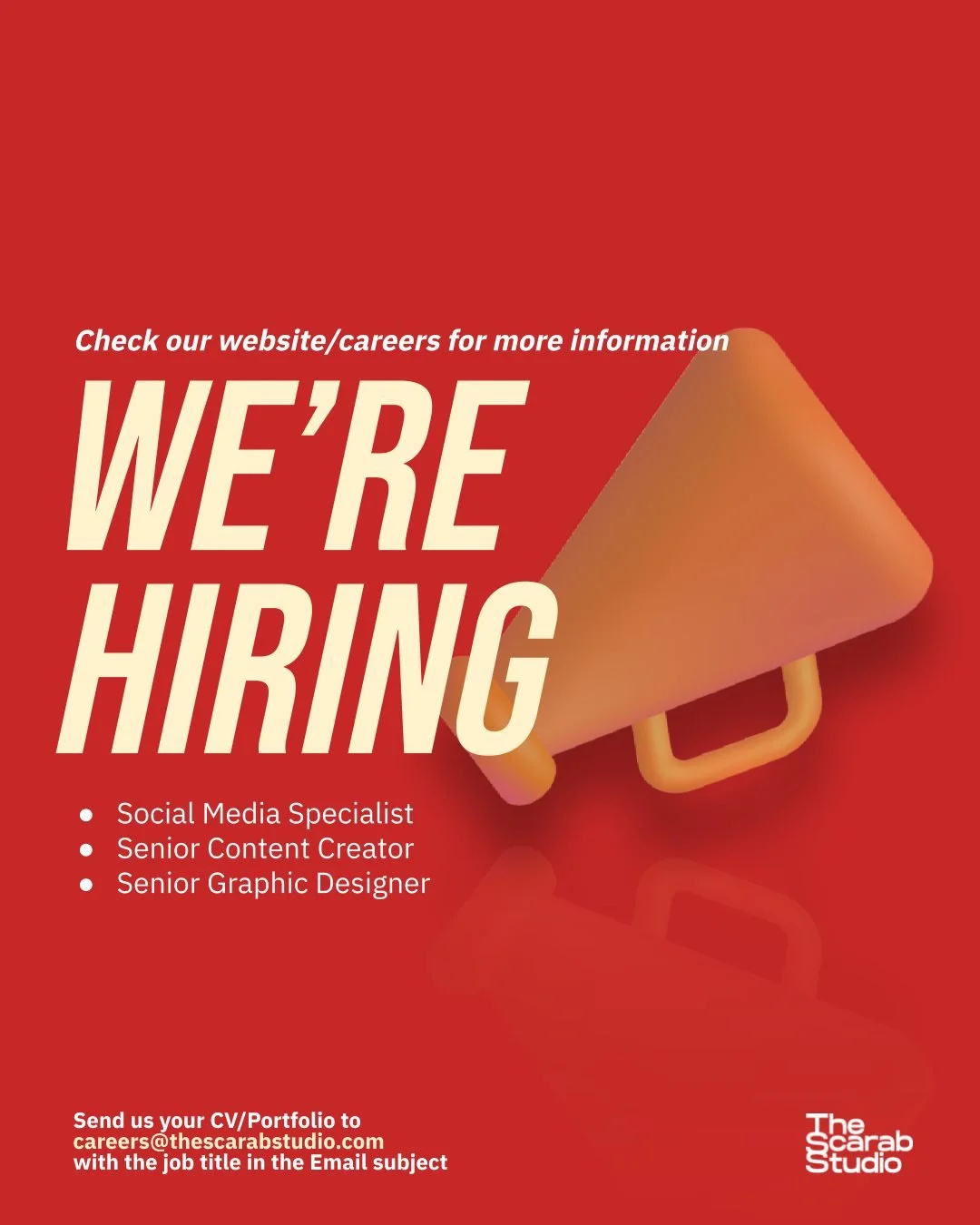 We're Hiring 📣

✅ Senior Content Creator 
✅ Social Media Specialist
✅ Senior Graphic Designer

Send us your CV/Portfolio to careers@thescarabstudio.com with the job title in the Email subject

#jobpost #careers